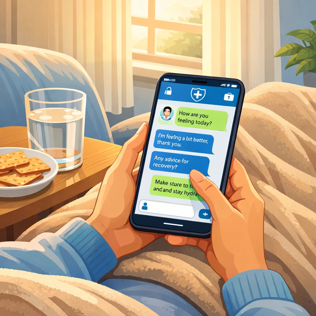 Person using smartphone for online medical chat about nausea from home