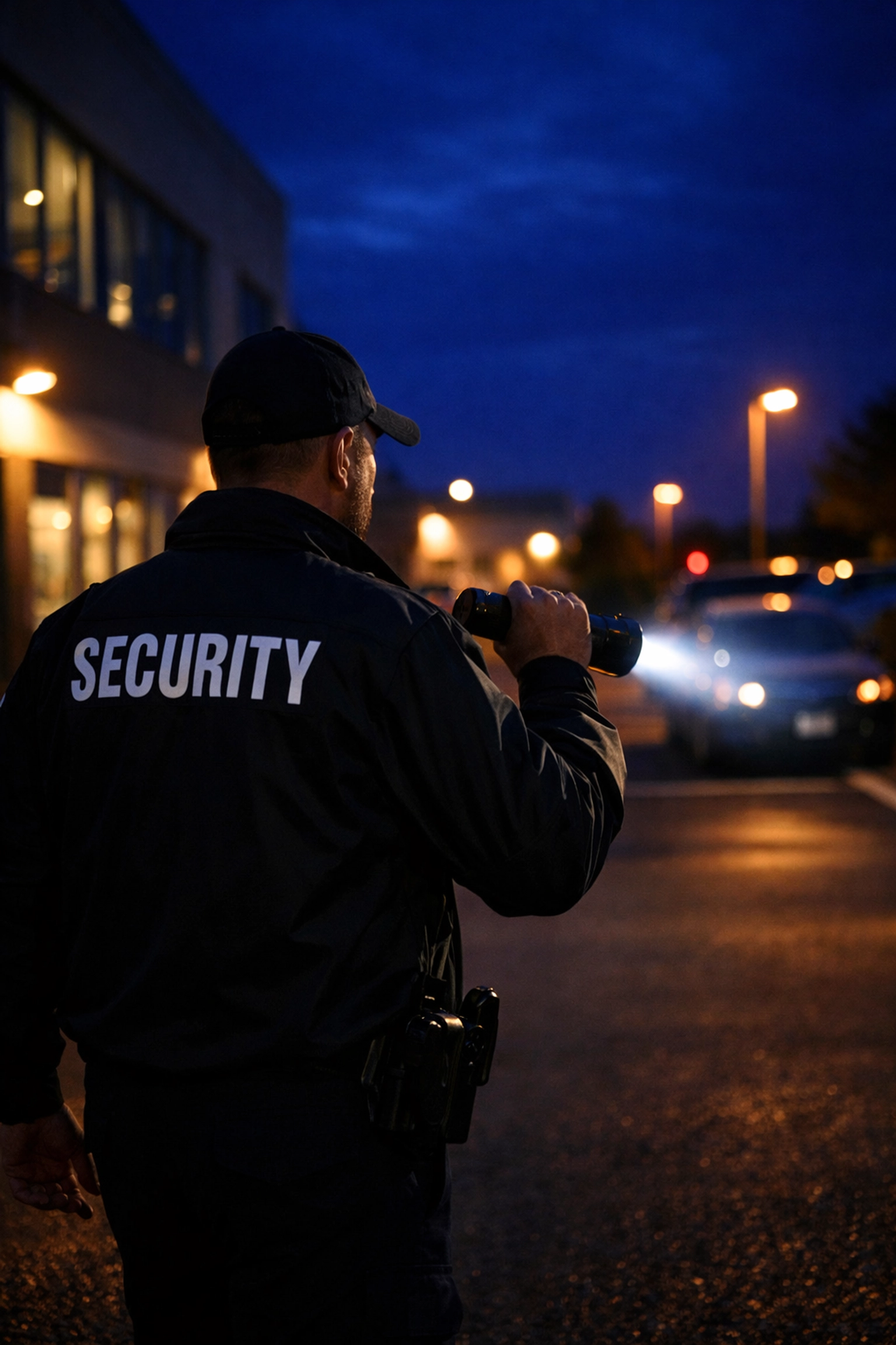 Security guard conducting nighttime patrol with flashlight for 24/7 property protection