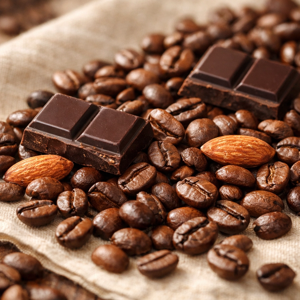 Brazilian coffee beans with dark chocolate and almonds showing chocolatey flavor notes