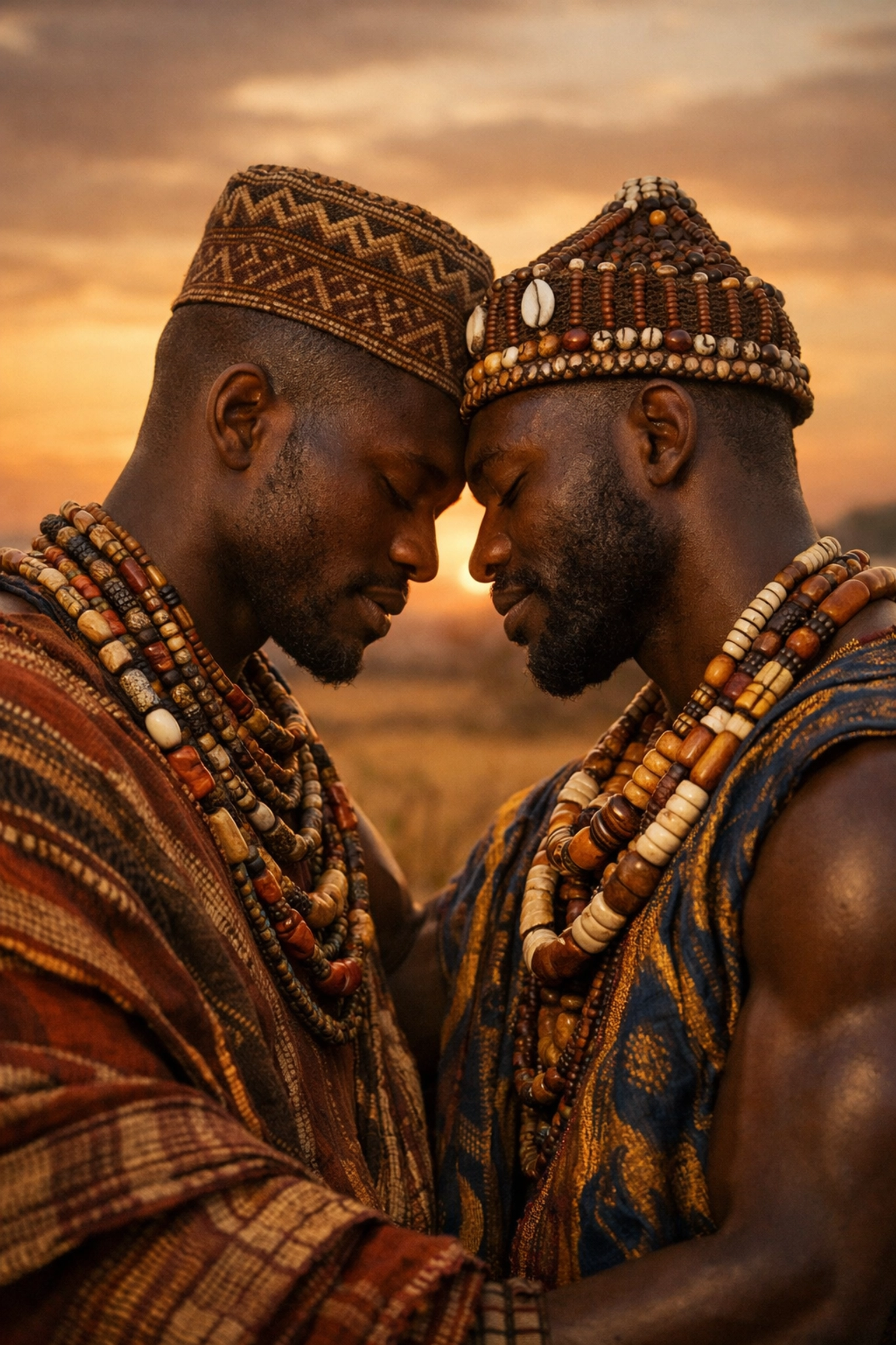 Two African men in traditional attire share an intimate moment, reflecting themes of gay historical romance in Africa.