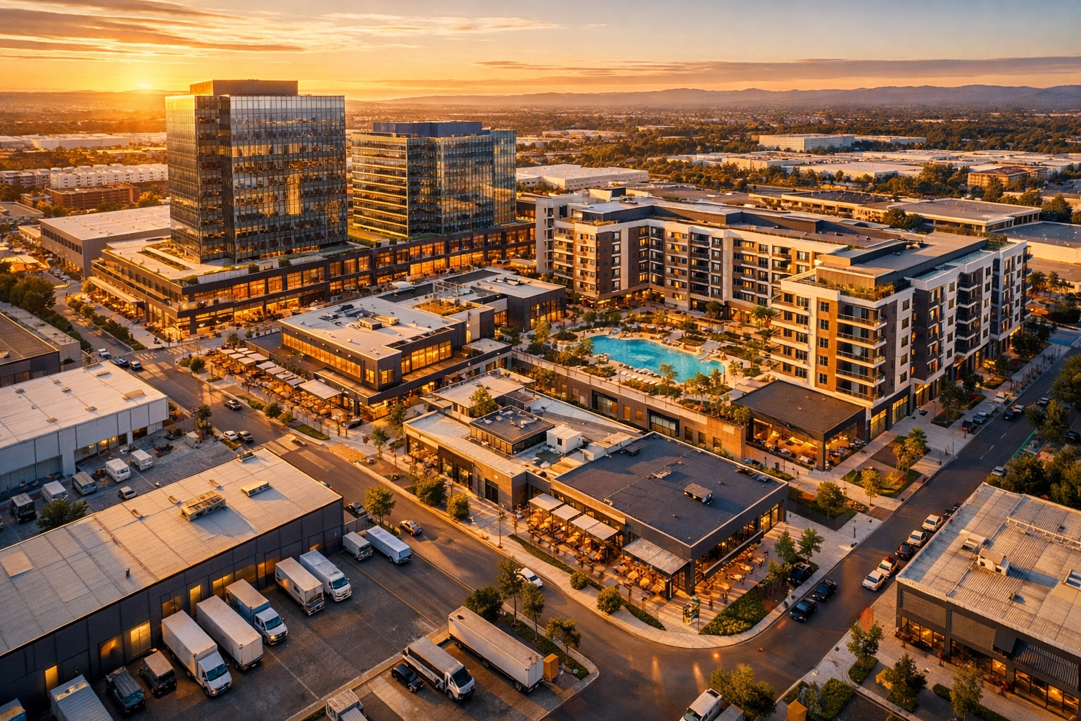 Modern institutional-grade real estate development with commercial and residential properties