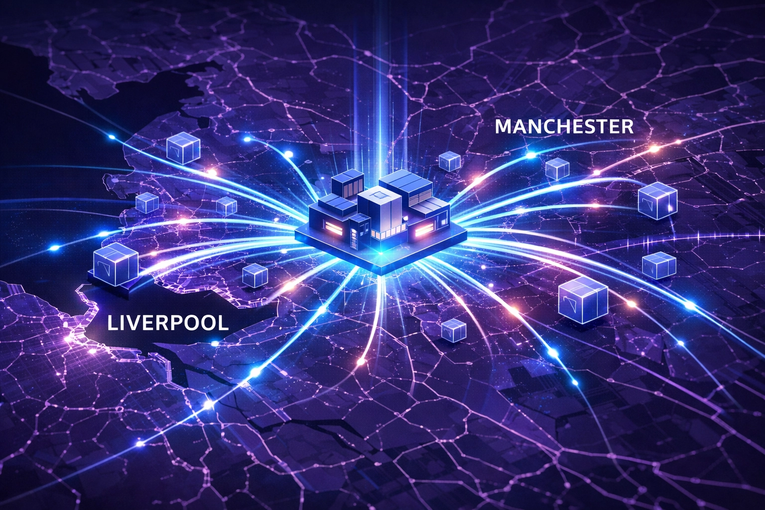 Logistics recruitment agency map showing connected distribution networks in Manchester and Liverpool.