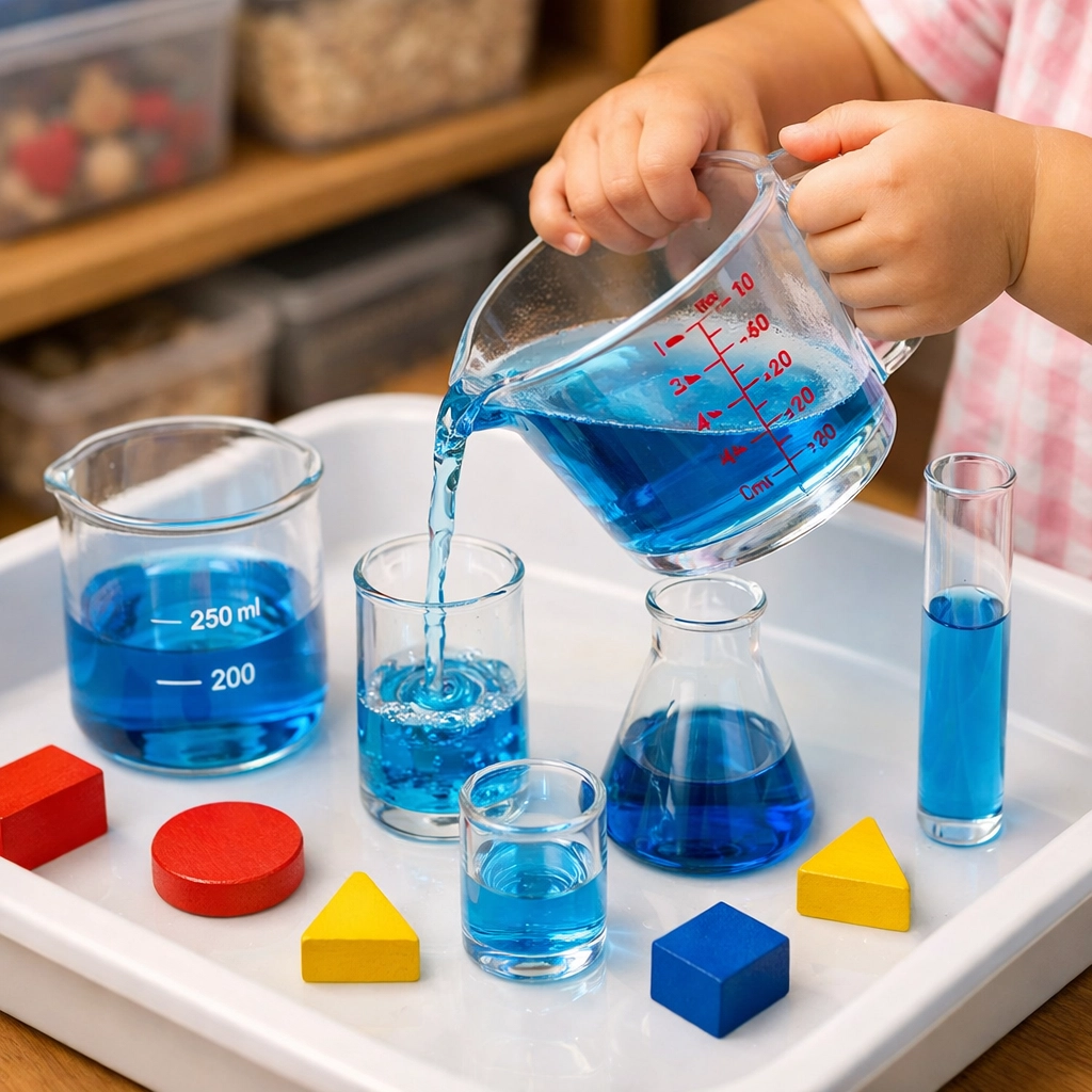Toddler developing fine motor skills through sensory water play in a Liverpool early learning setting.