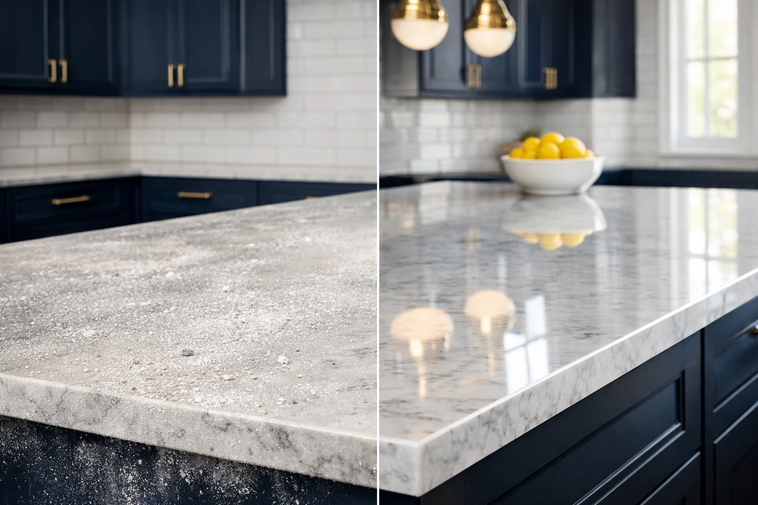 Before and after comparison of a kitchen island during post construction cleaning in Littleton.