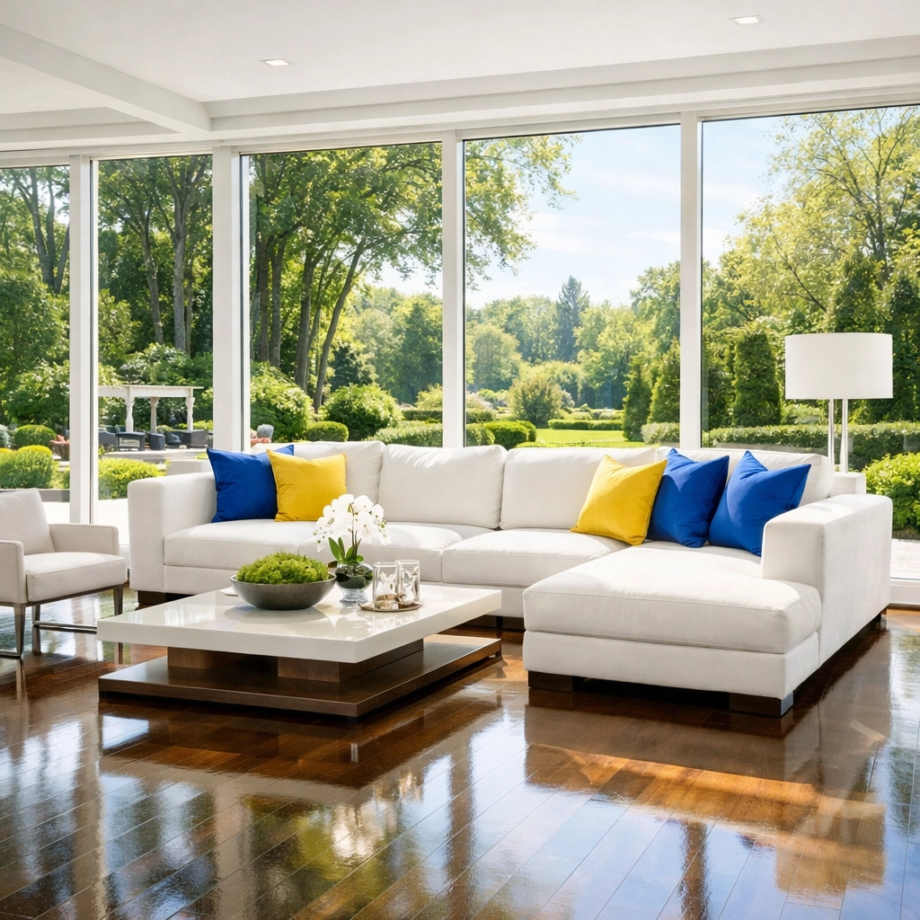 Residential cleaning Massachusetts results featuring a sun-drenched, perfectly organized luxury Newton living room.