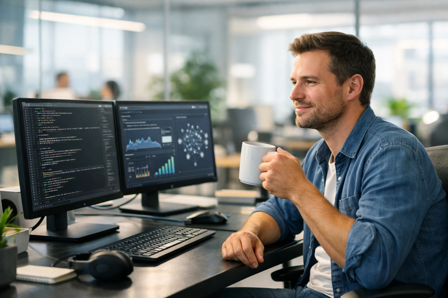 Focused IT expert overseeing ServiceNow Agentic AI workflows in a modern professional office workspace.