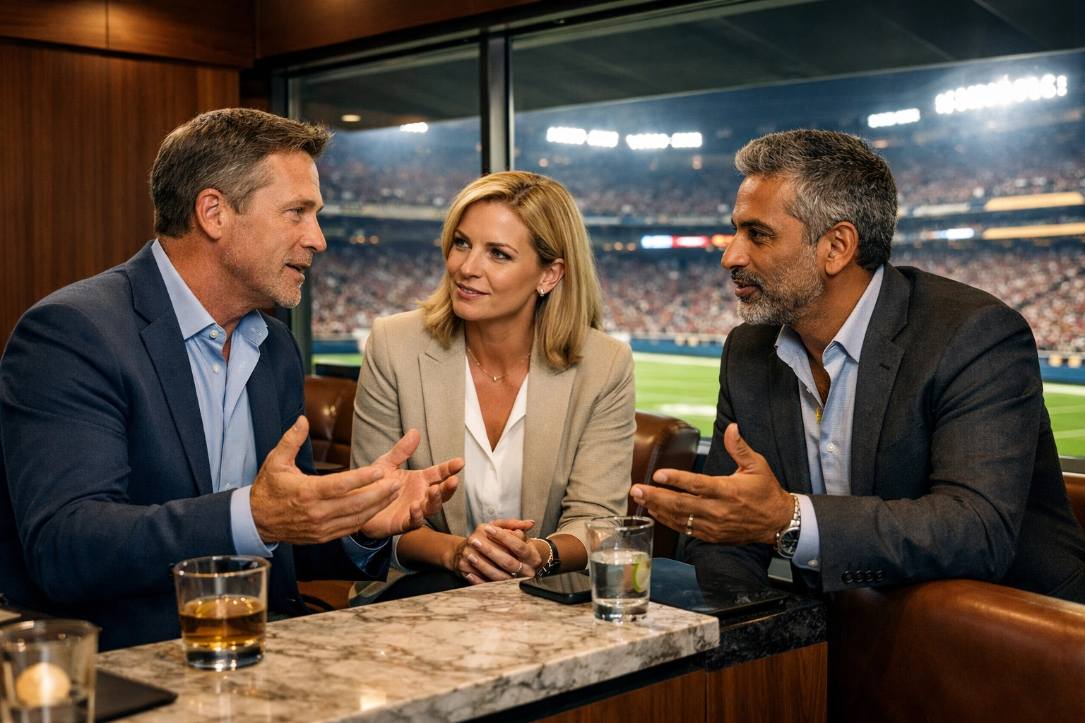 Executives networking in a luxury stadium suite during a high-stakes corporate sports event.