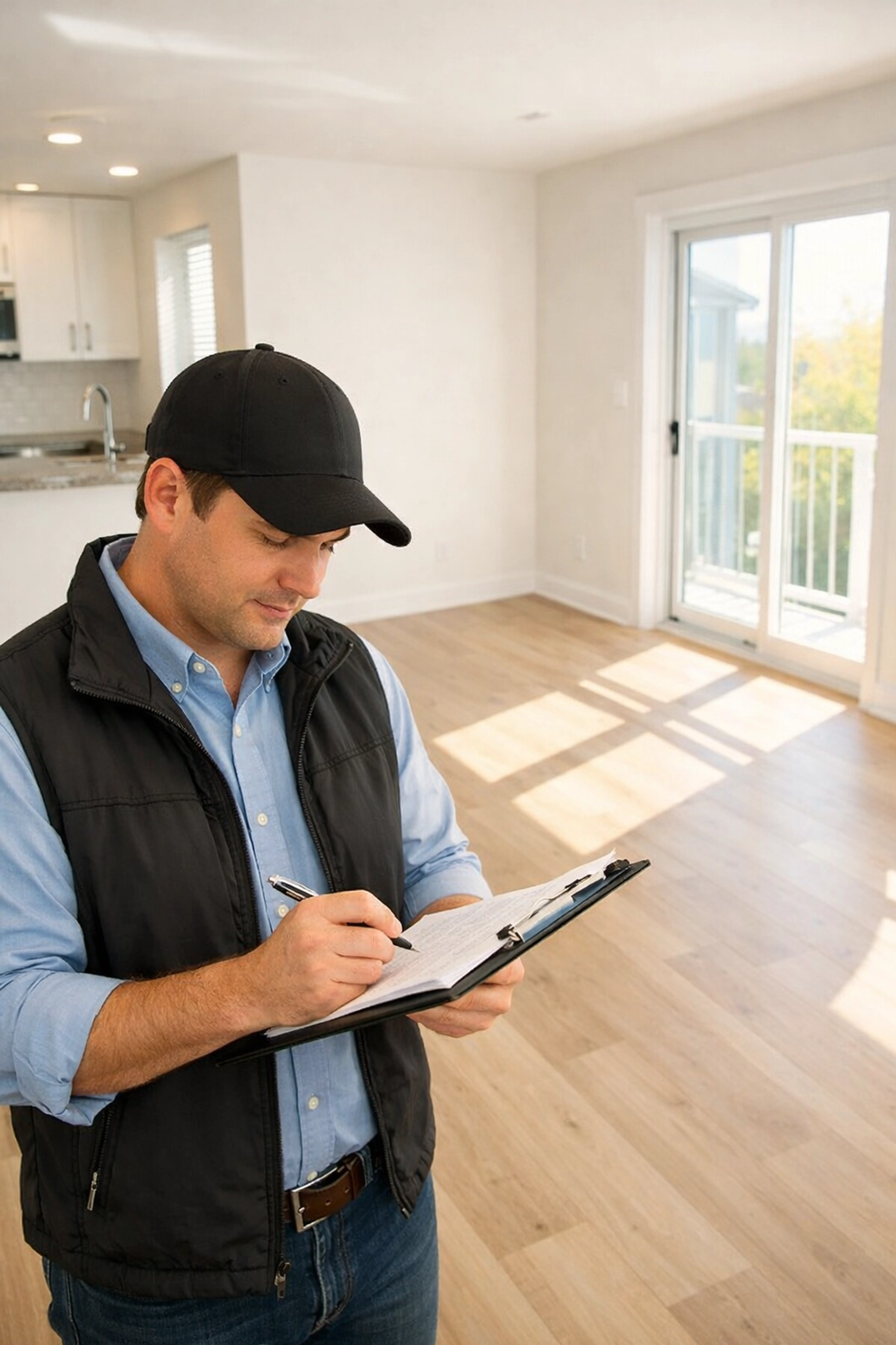 Property manager reviewing turnover checklist in freshly renovated apartment unit