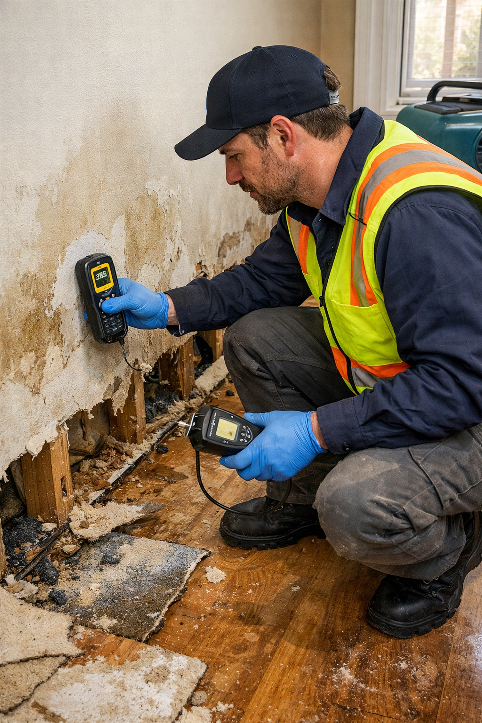 Water damage restoration technician inspecting damaged drywall with moisture detection equipment