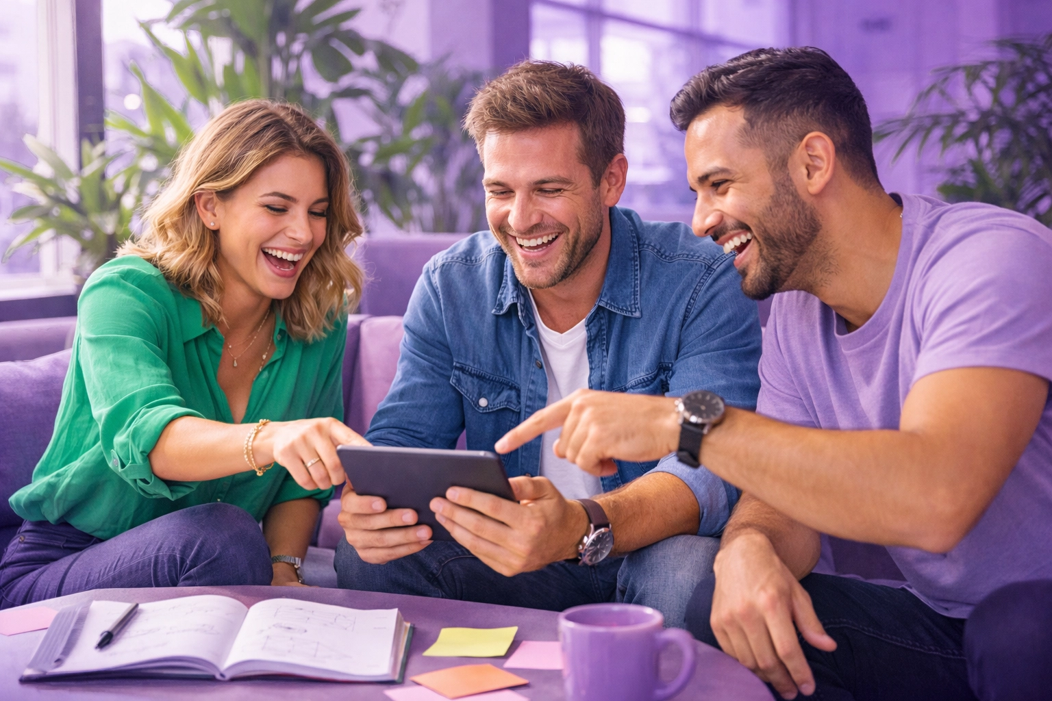 Creative team collaborating efficiently after automating manual tasks with AI business automation.