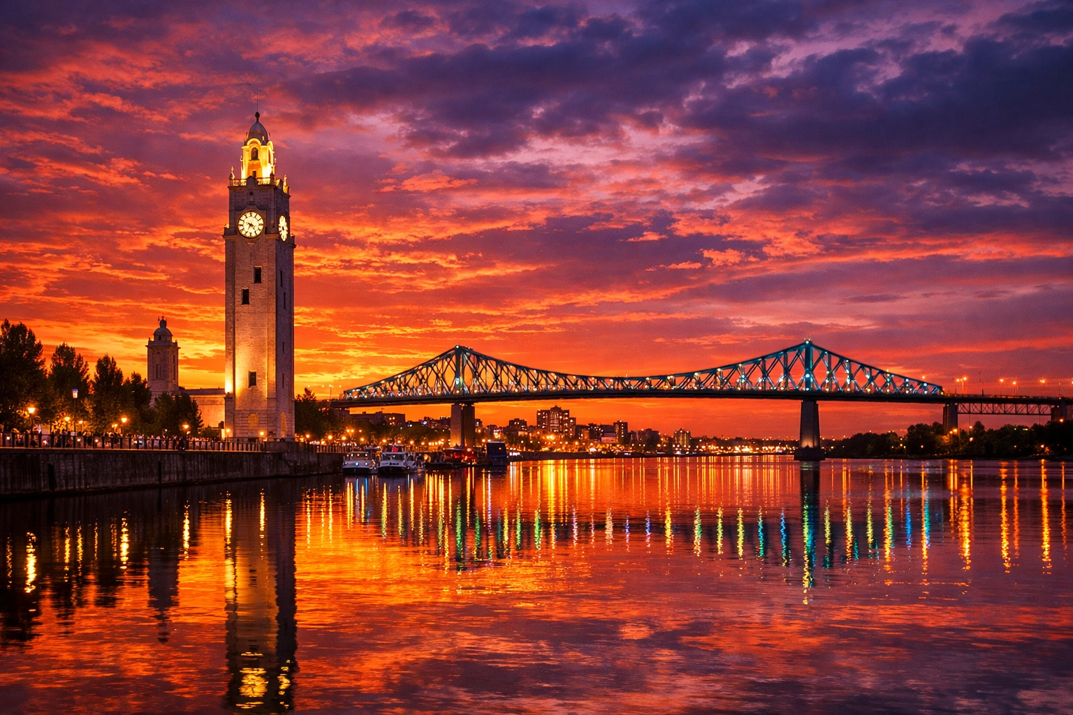 A vibrant sunset over the Montreal Old Port Clock Tower and the Jacques-Cartier Bridge at golden hour.