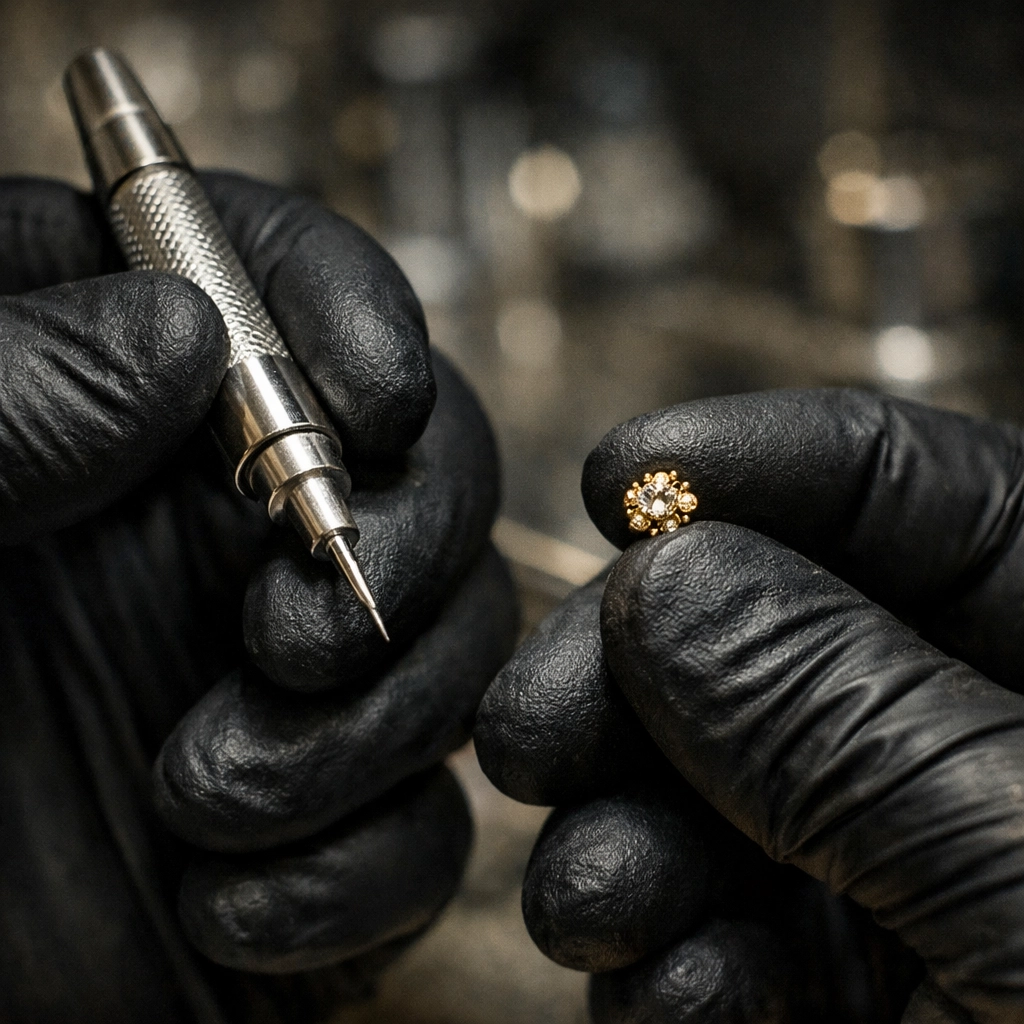 Professional piercer at a Hixson TN studio using sterile tools and high-quality 14k gold jewelry.