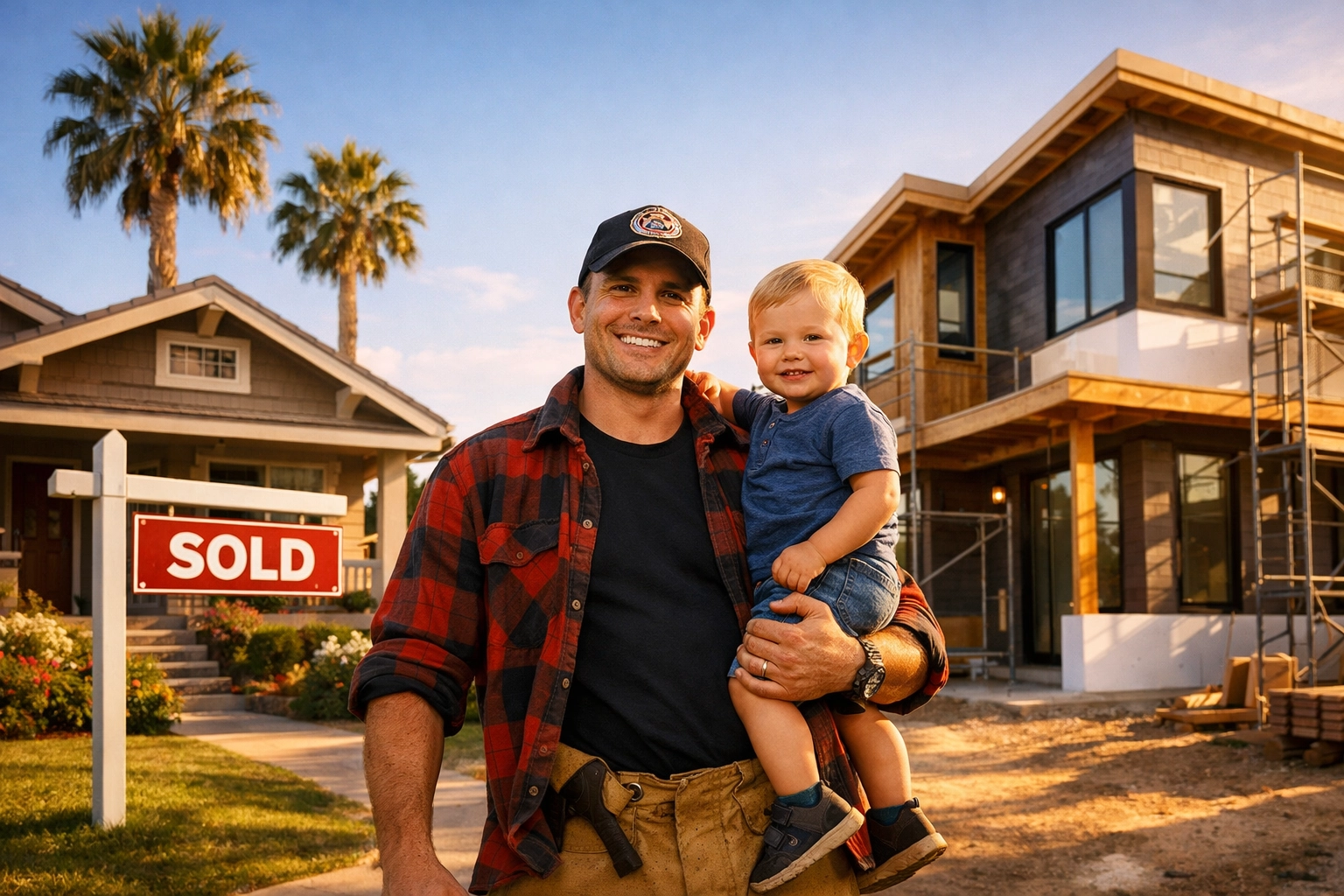 Firefighter celebrating selling his home and moving into a new construction house in an Arizona suburb.