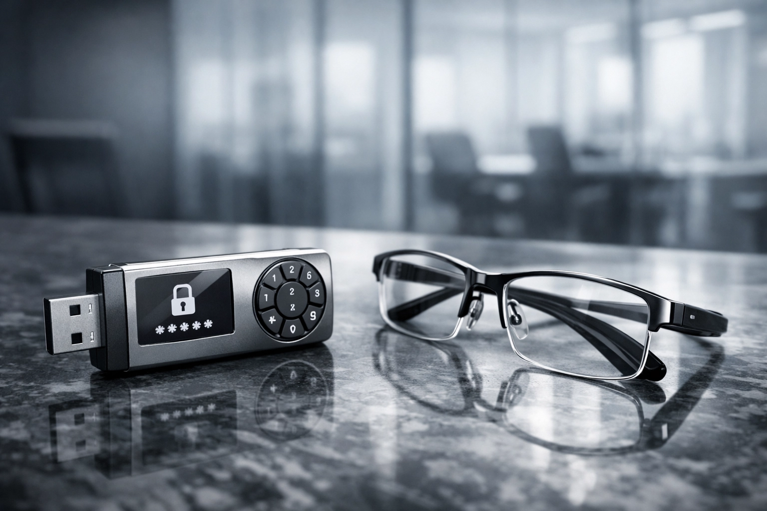 A digital security key and glasses on a desk symbolizing ERO data security and IRS compliance measures.