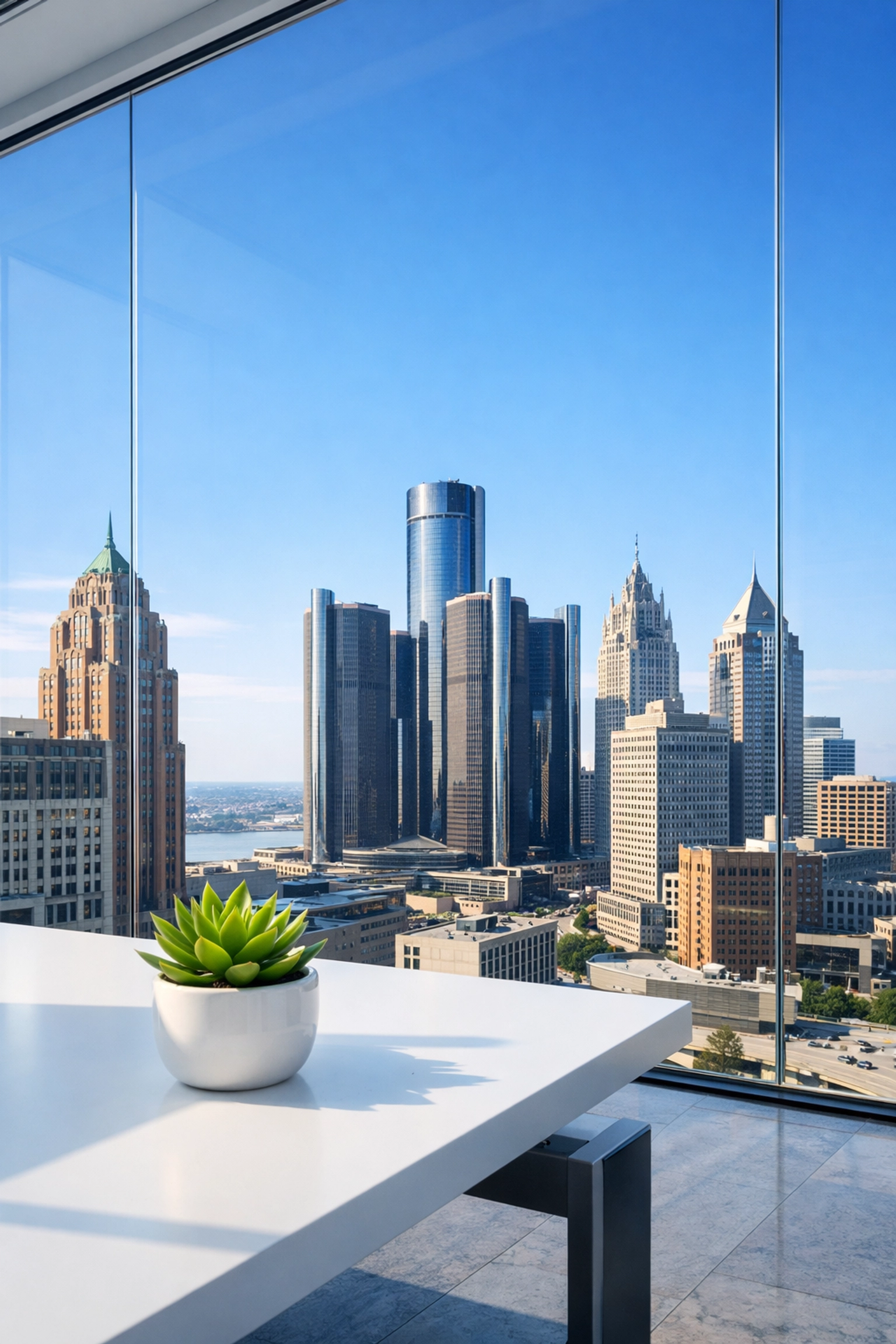 Clear view of the Detroit skyline through a professionally cleaned high-rise office glass window.