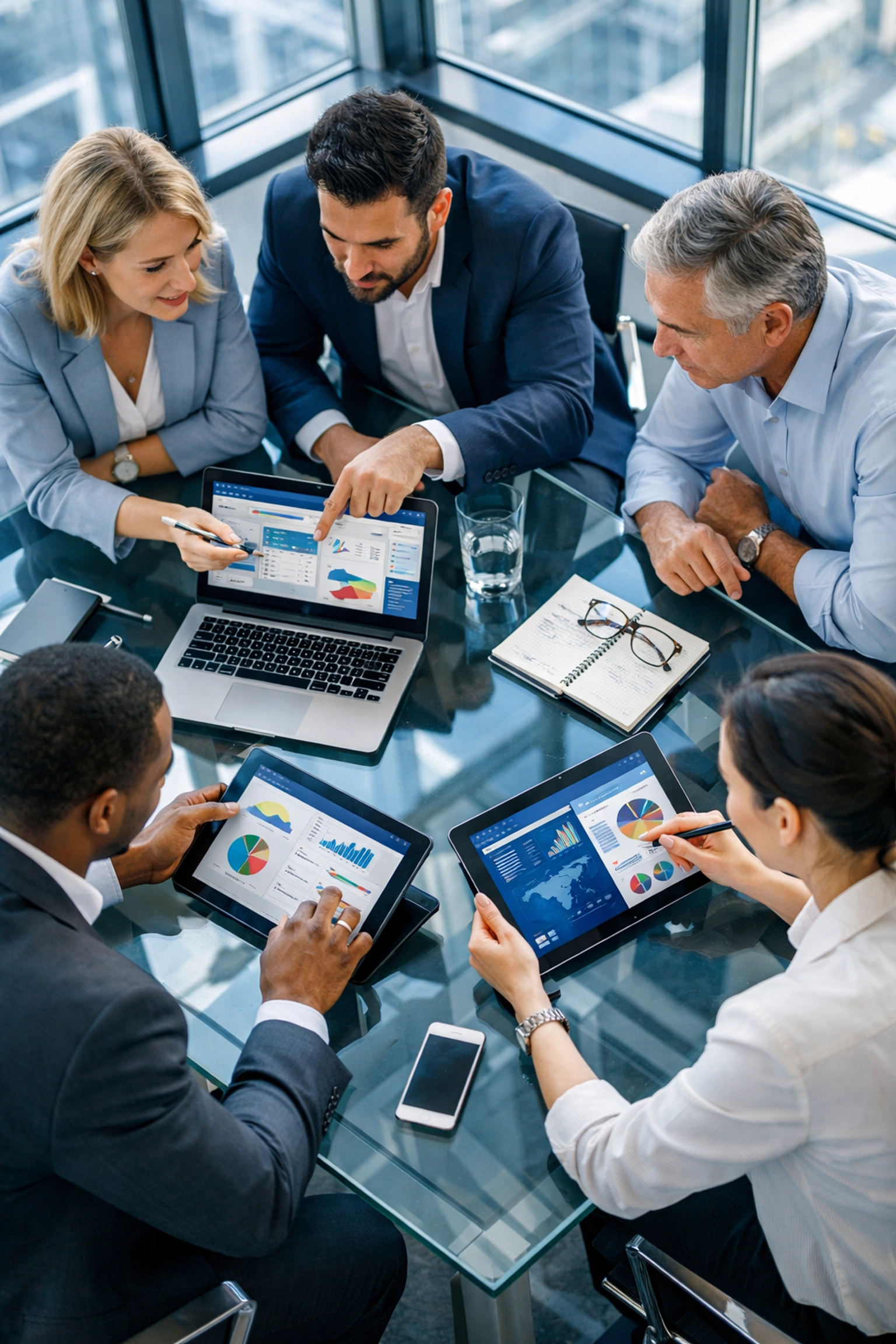 Business team collaborating with custom application interfaces for competitive advantage