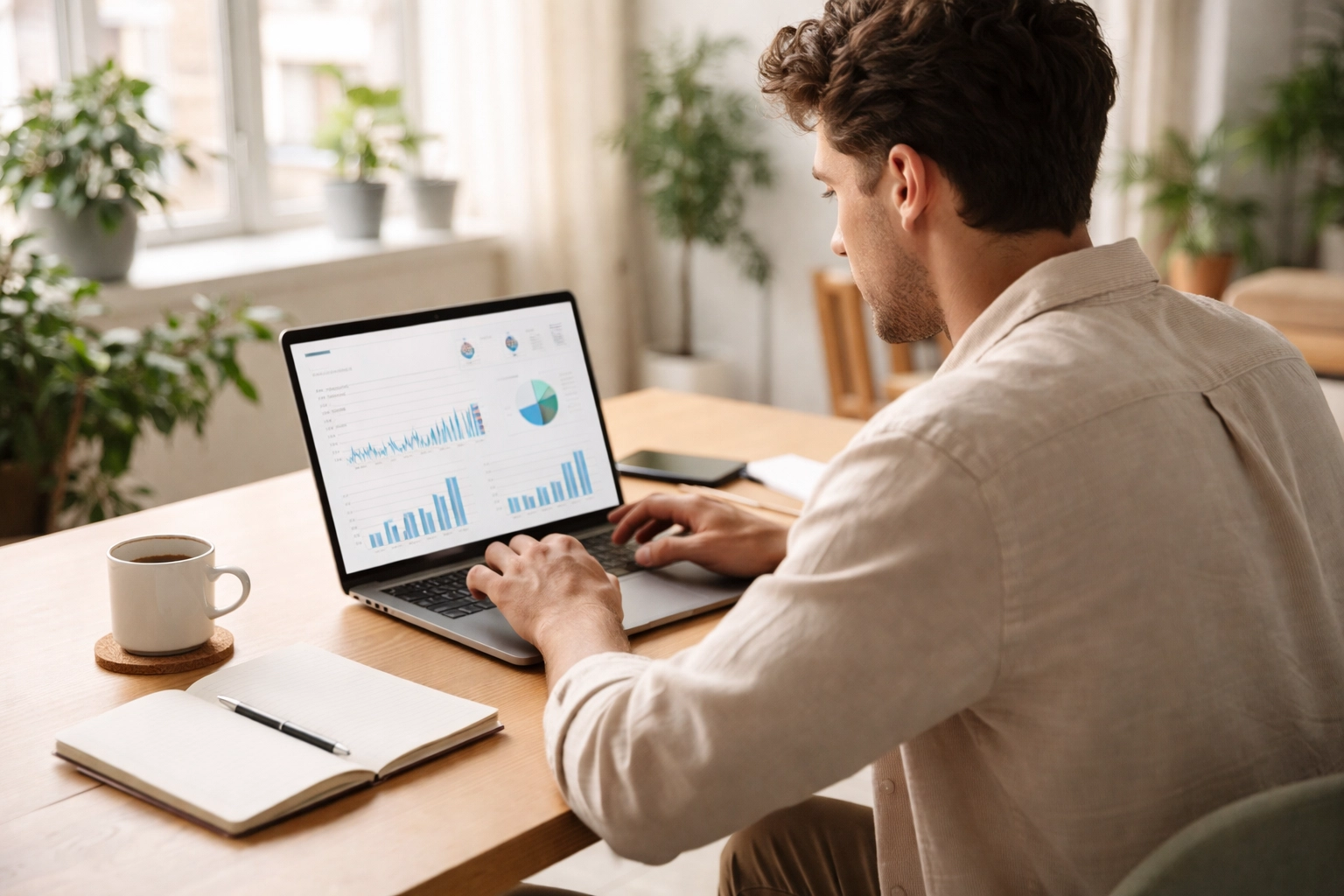 Young entrepreneur at a modern desk reviewing content marketing analytics in a bright, co-working space