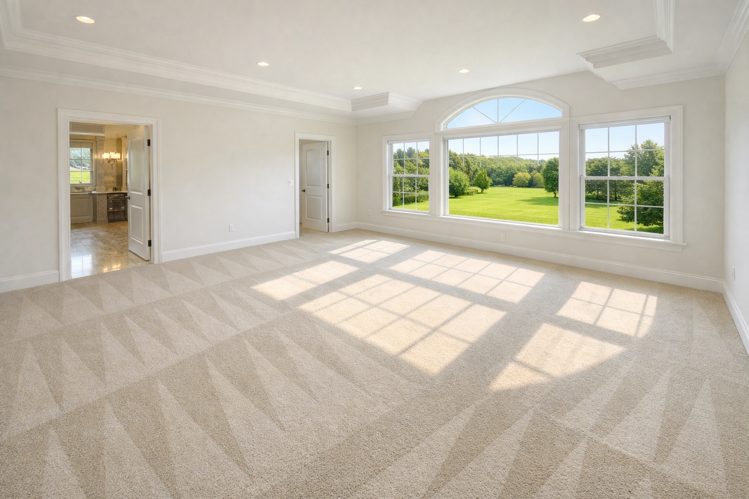 Move-in residential cleaning Massachusetts for a Dover estate featuring perfectly vacuumed master suite carpets.