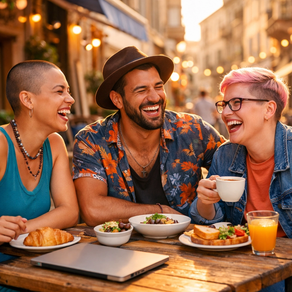 Diverse LGBTQ+ digital nomads laughing and connecting at a sunny café terrace while traveling as remote workers.