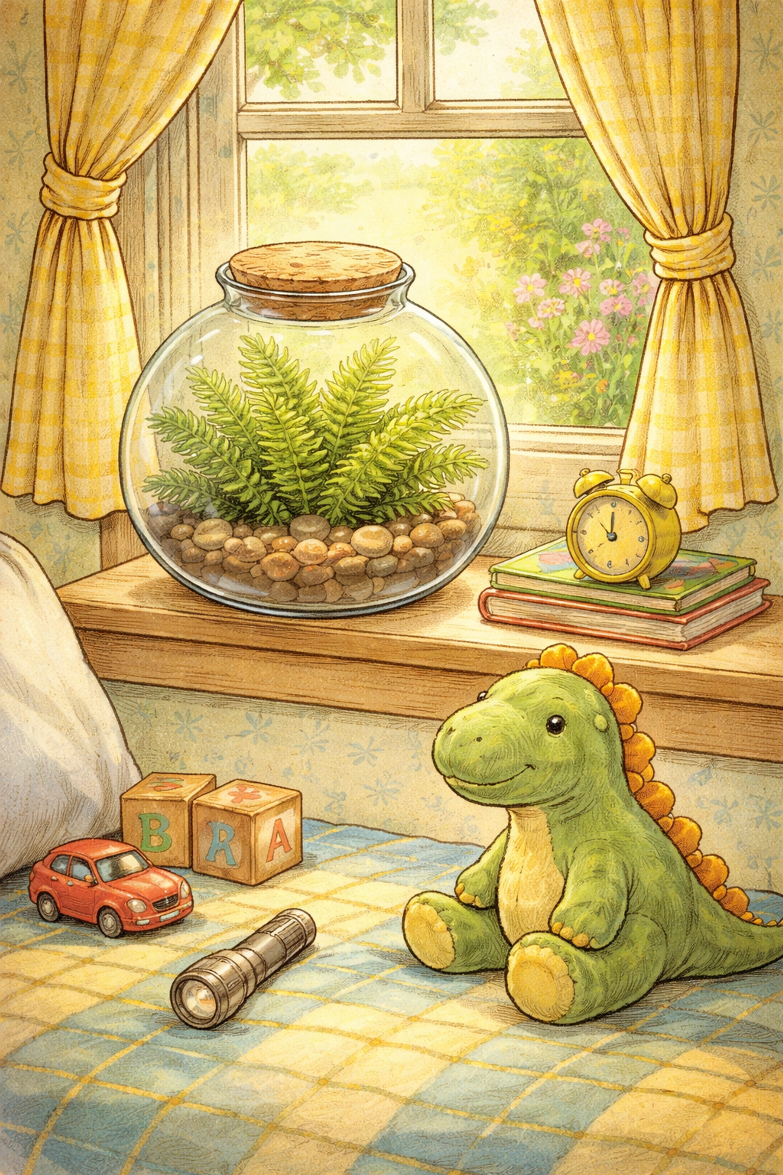 Cozy bedroom nook with a terrarium holding a lush dinosaur fern, highlighting easy indoor gardening for families.