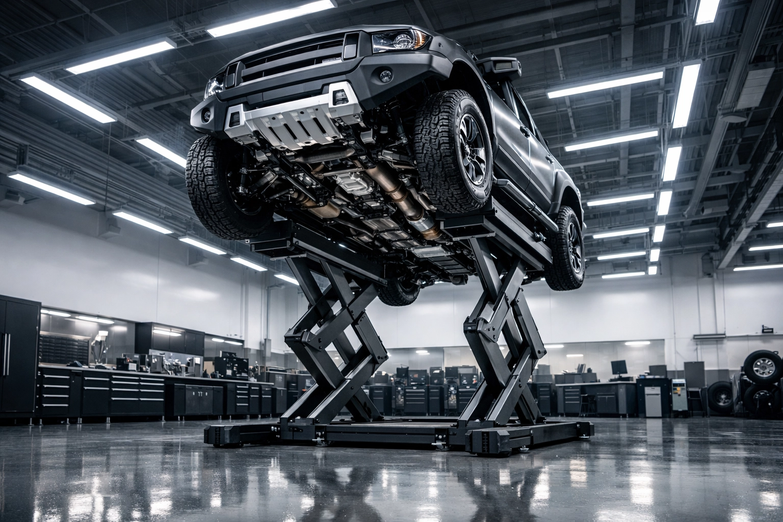 A professional workshop inspection of a 4x4 vehicle's undercarriage on a hydraulic lift.