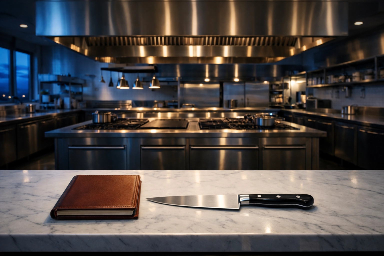 Professional kitchen with a chef knife and leather journal, representing systemic authority and strategic growth.