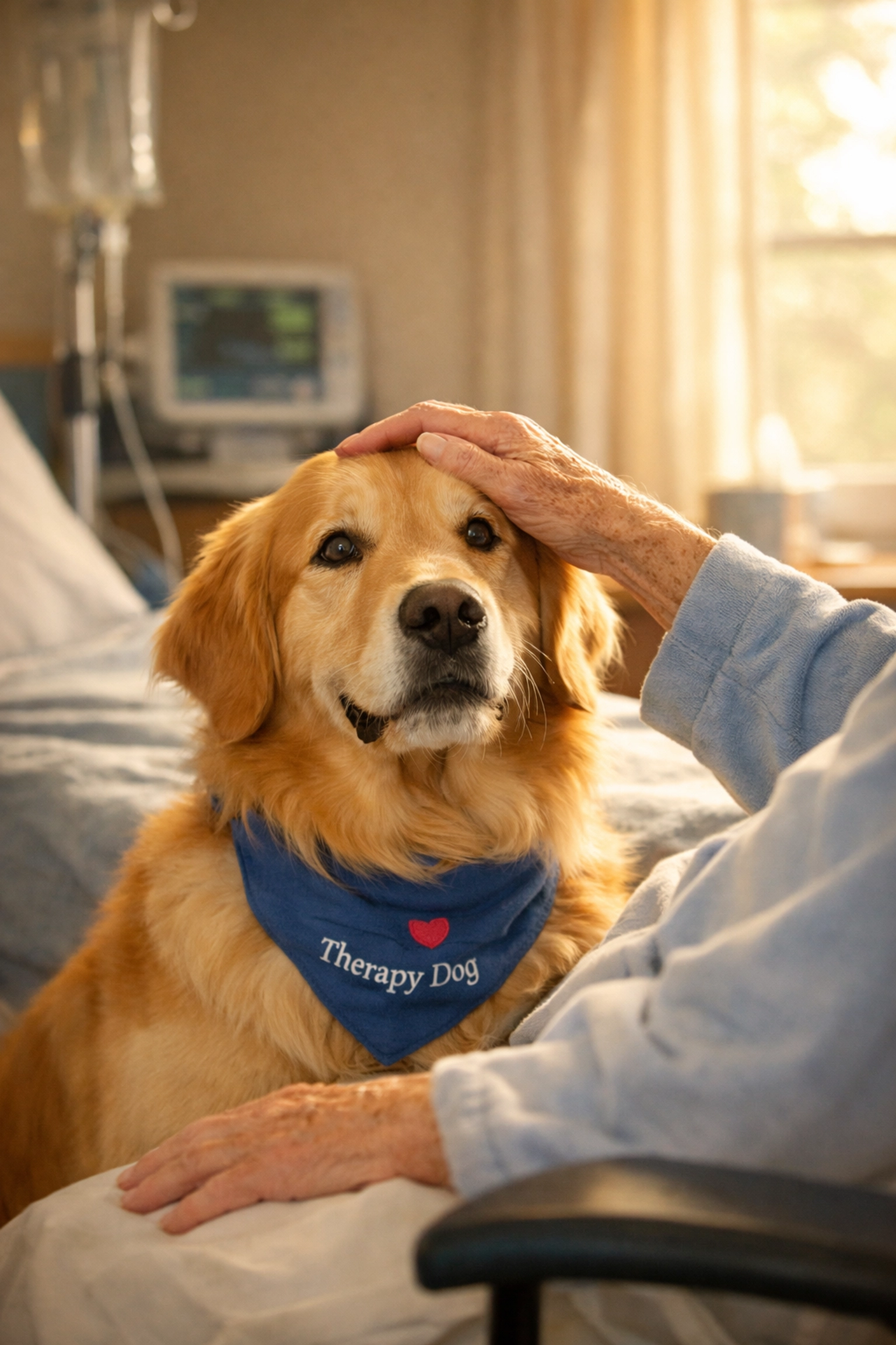 Therapy dog Golden Retriever providing comfort to elderly patient in hospital room