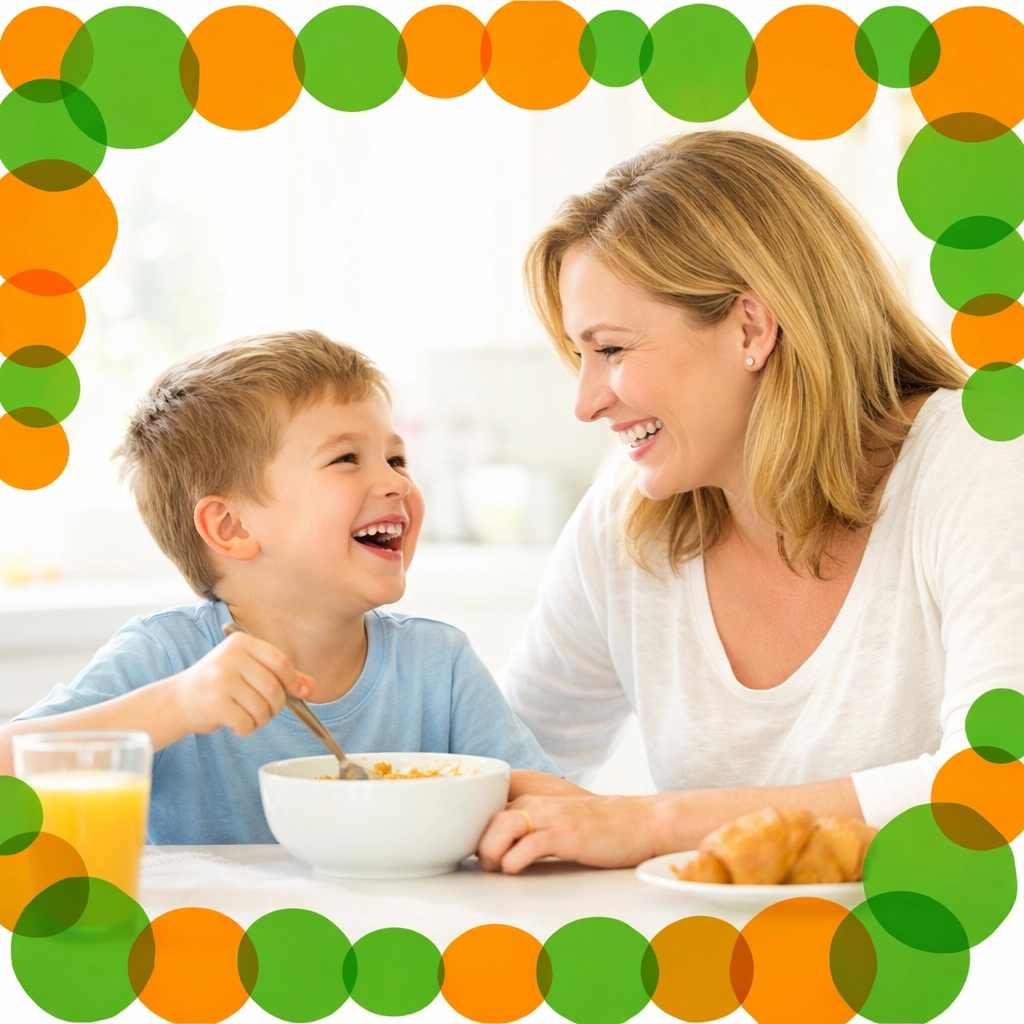 A mother and son bonding over breakfast, showing how daily connection builds essential Christian life skills.