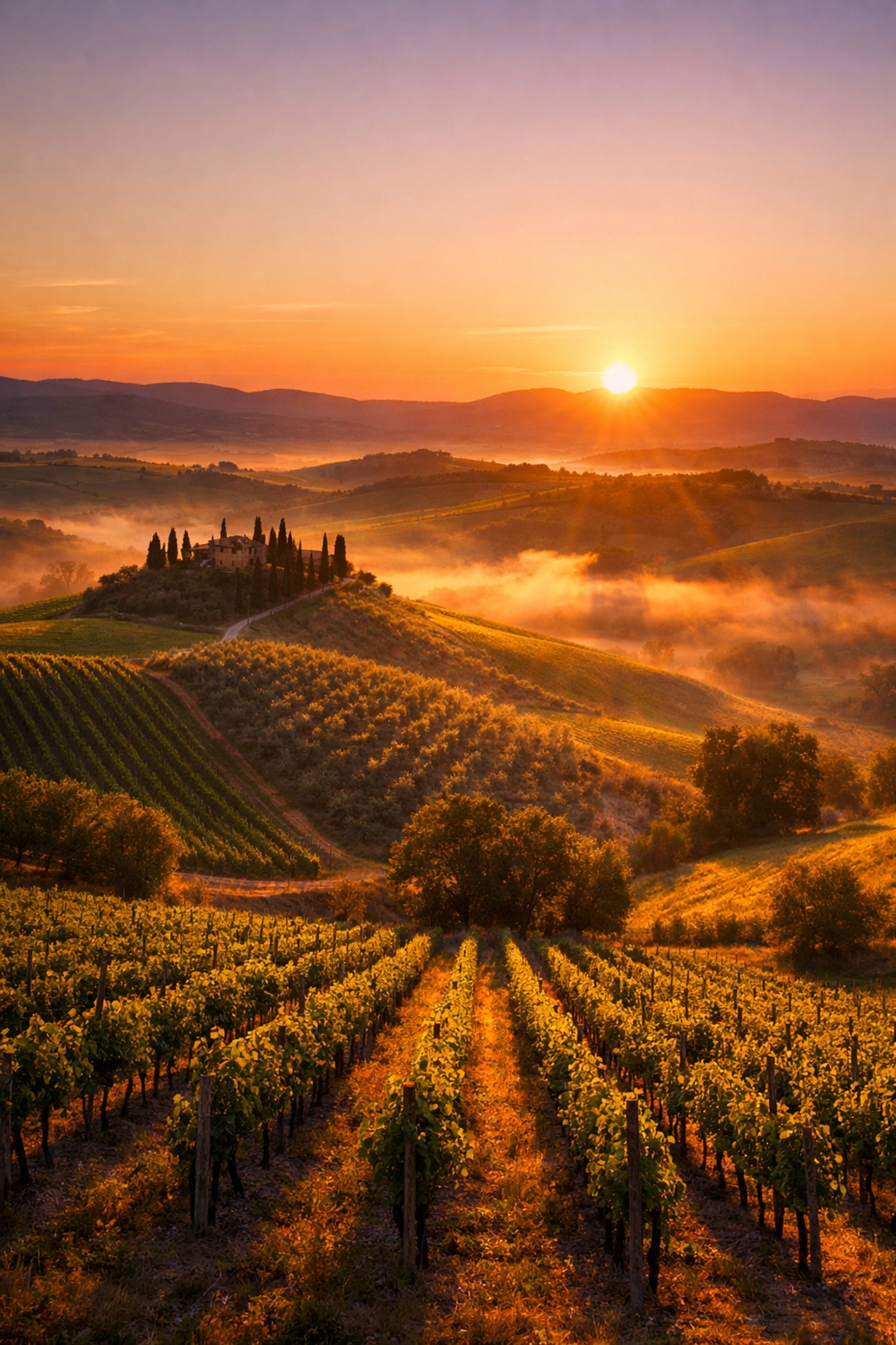 Rolling vineyard hills captured during golden hour to show high quality light in landscape photography.