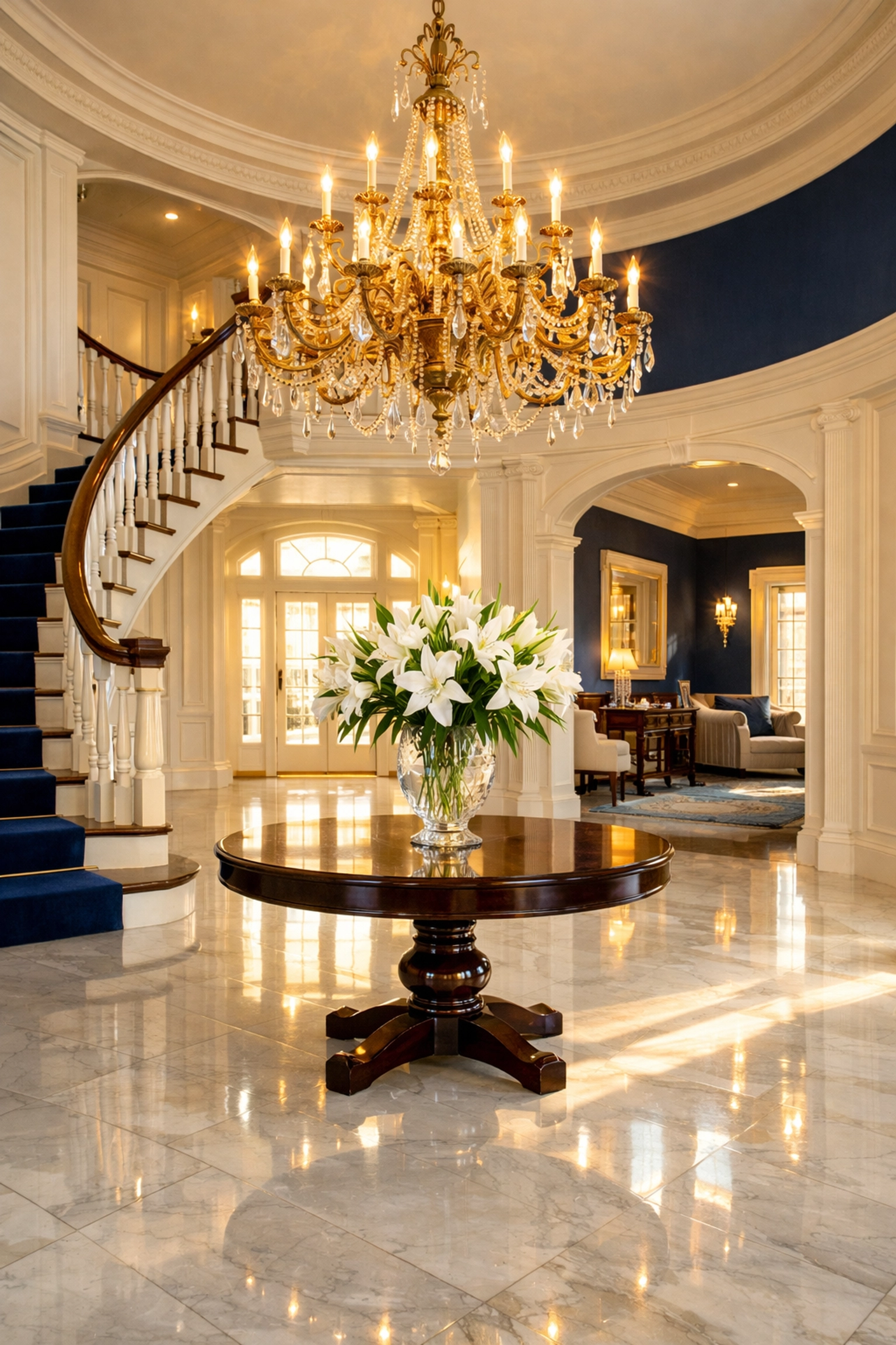 Pristine marble foyer in a Newton estate highlighting professional luxury house cleaning in Newton.