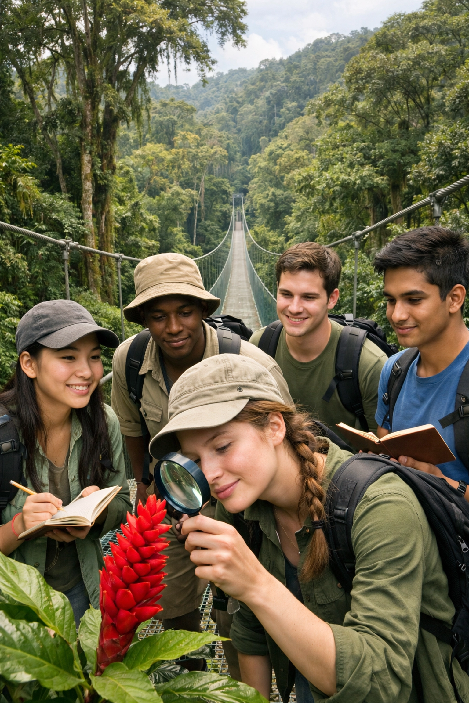 Students conducting rainforest ecology field research on a suspension bridge during a Costa Rica educational trip.