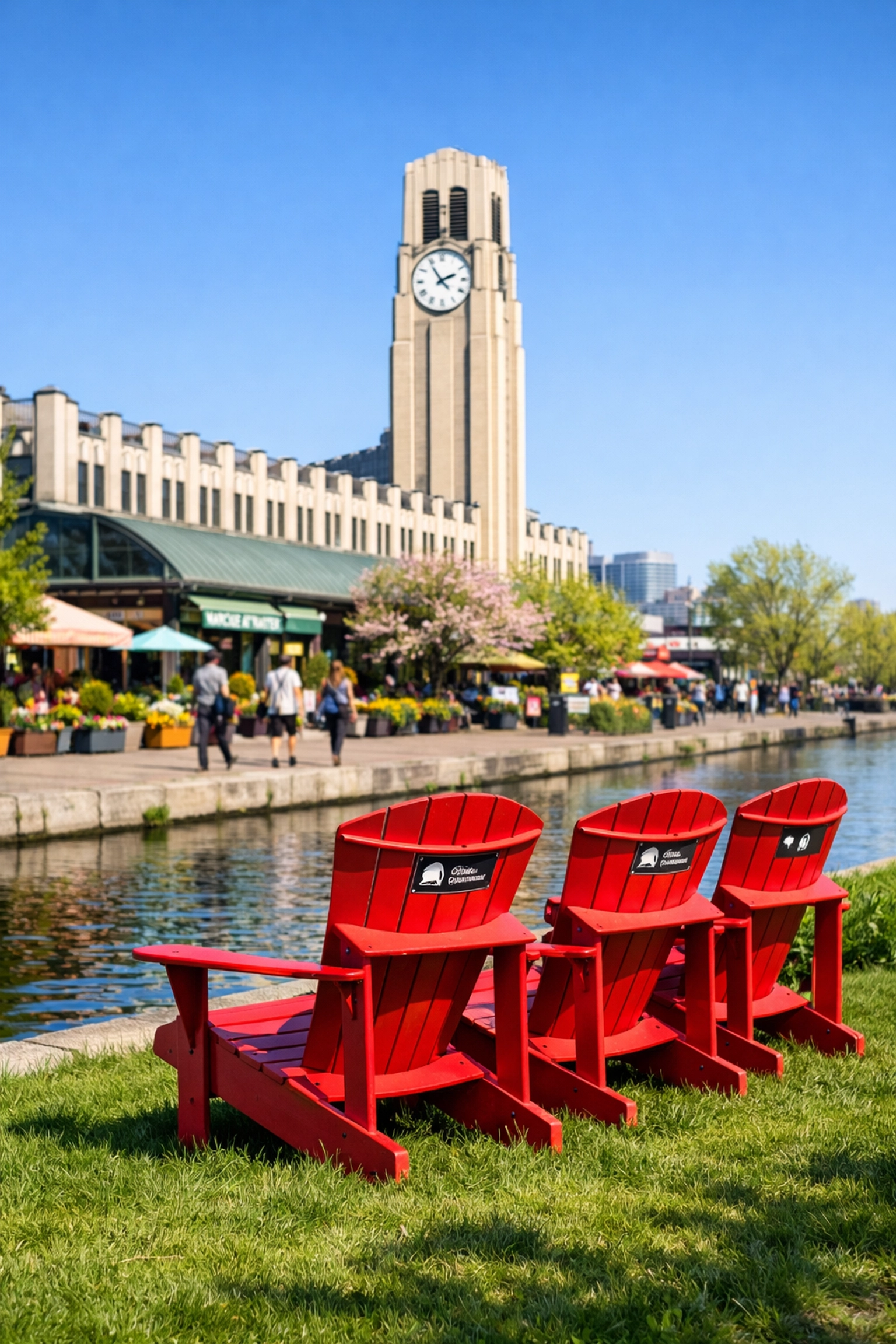 Iconic red chairs by the Lachine Canal with the Atwater Market clock tower in the background.