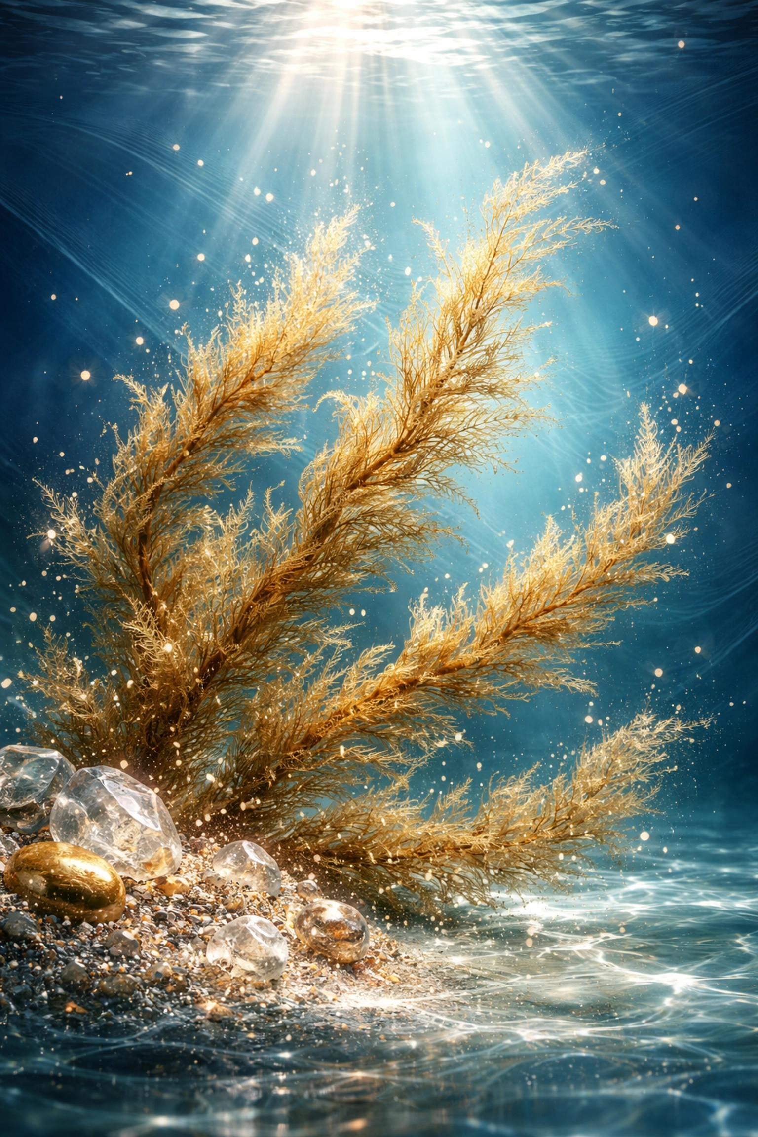 Artistic image of sea moss and minerals in water, showcasing their role in supporting collagen production