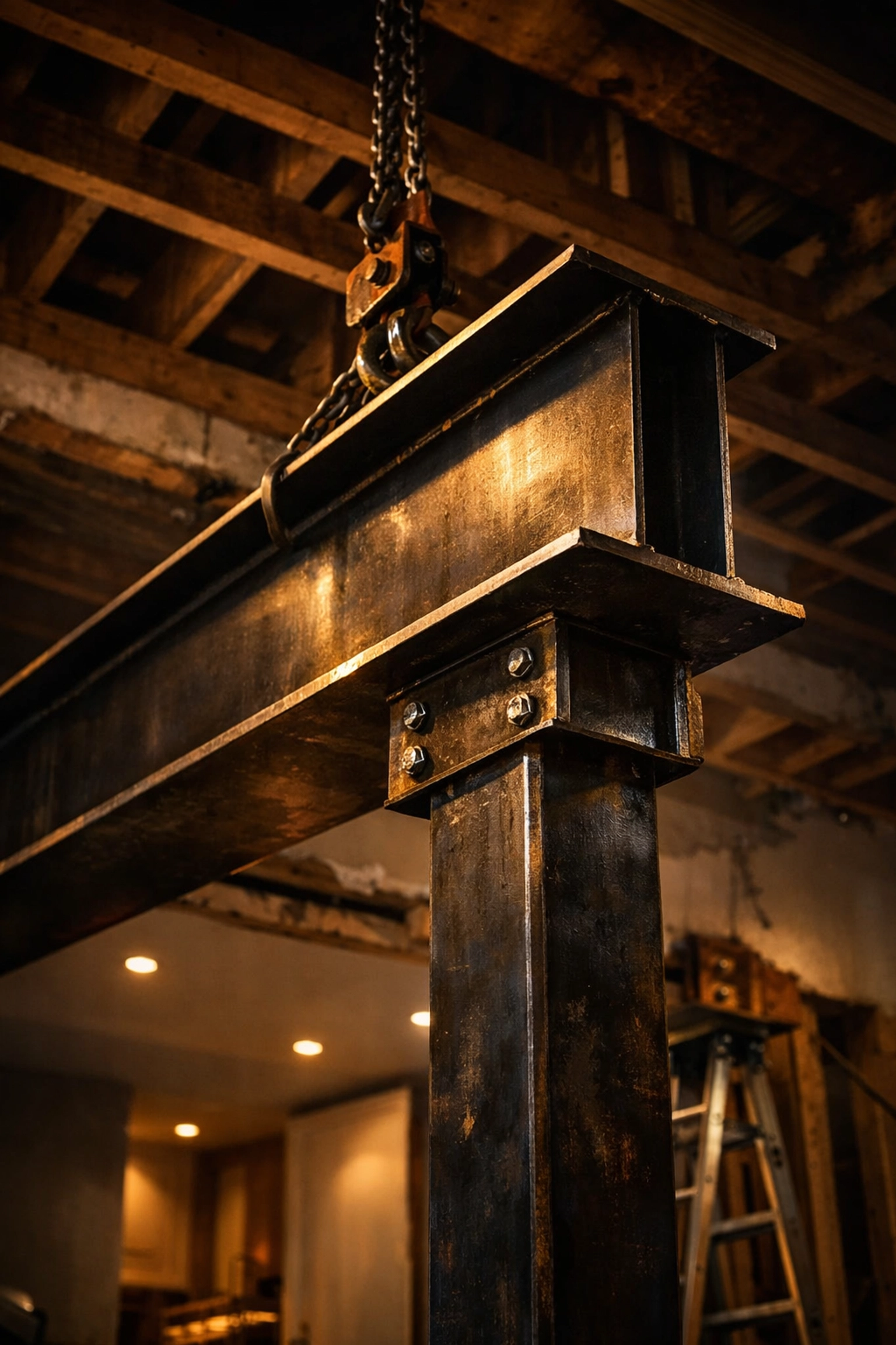 Installing a structural steel RSJ beam for a second floor bungalow conversion in West Sussex.