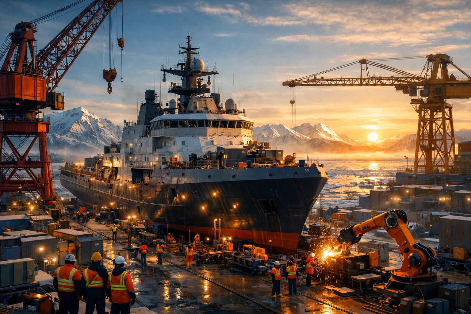 Construction of a Canadian patrol ship in an Arctic shipyard to strengthen national defense and sovereignty.