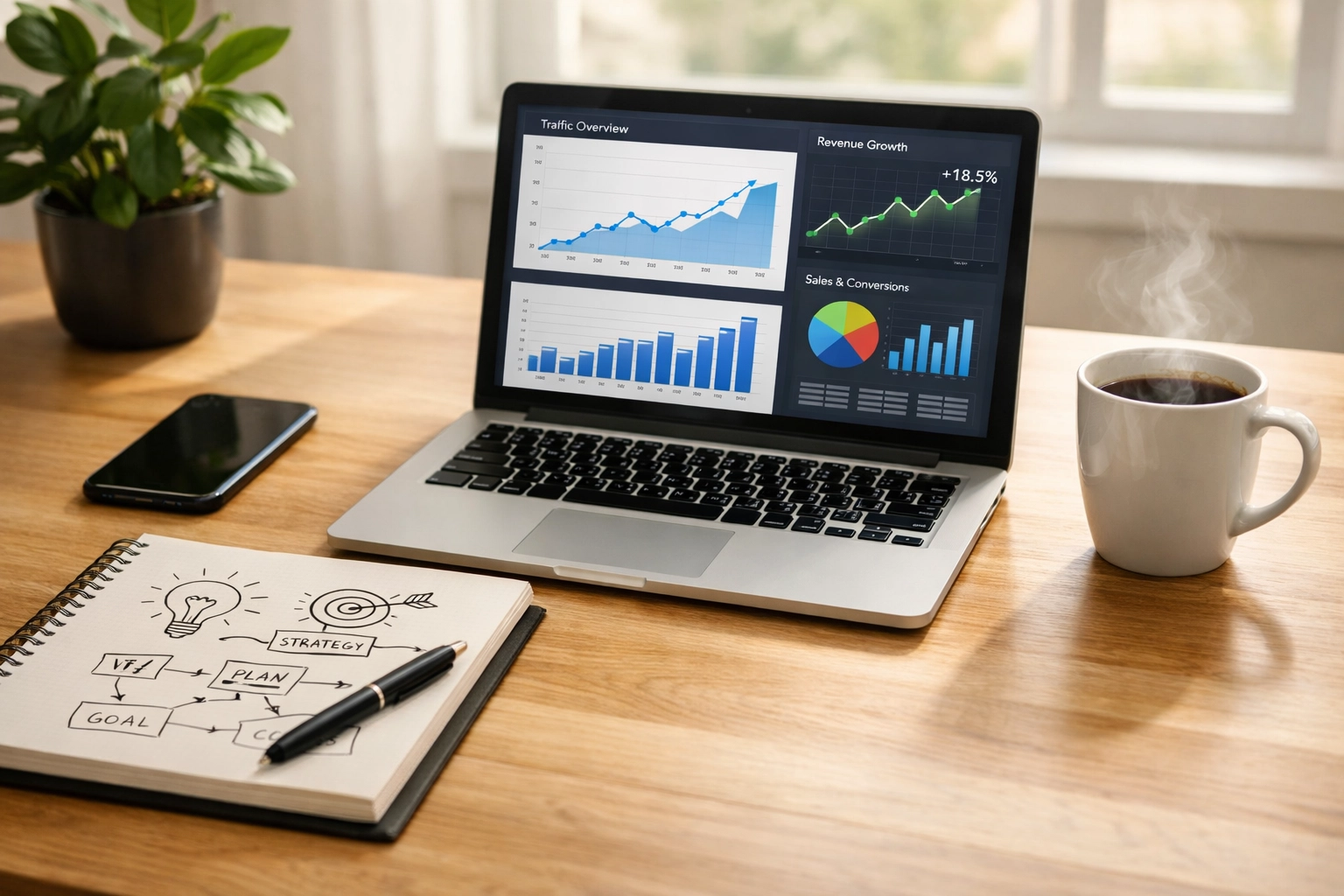 Simon Leung content marketing analytics dashboard showing SEO performance and business growth metrics