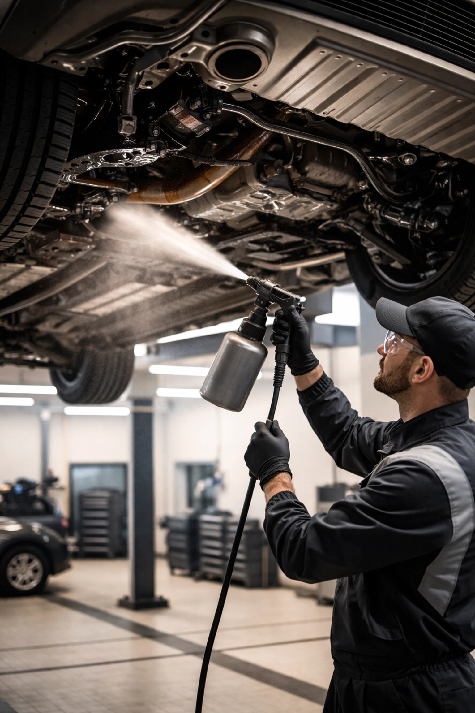 Technician applying rustproofing spray to a car's underbody in a workshop, showing professional corrosion prevention