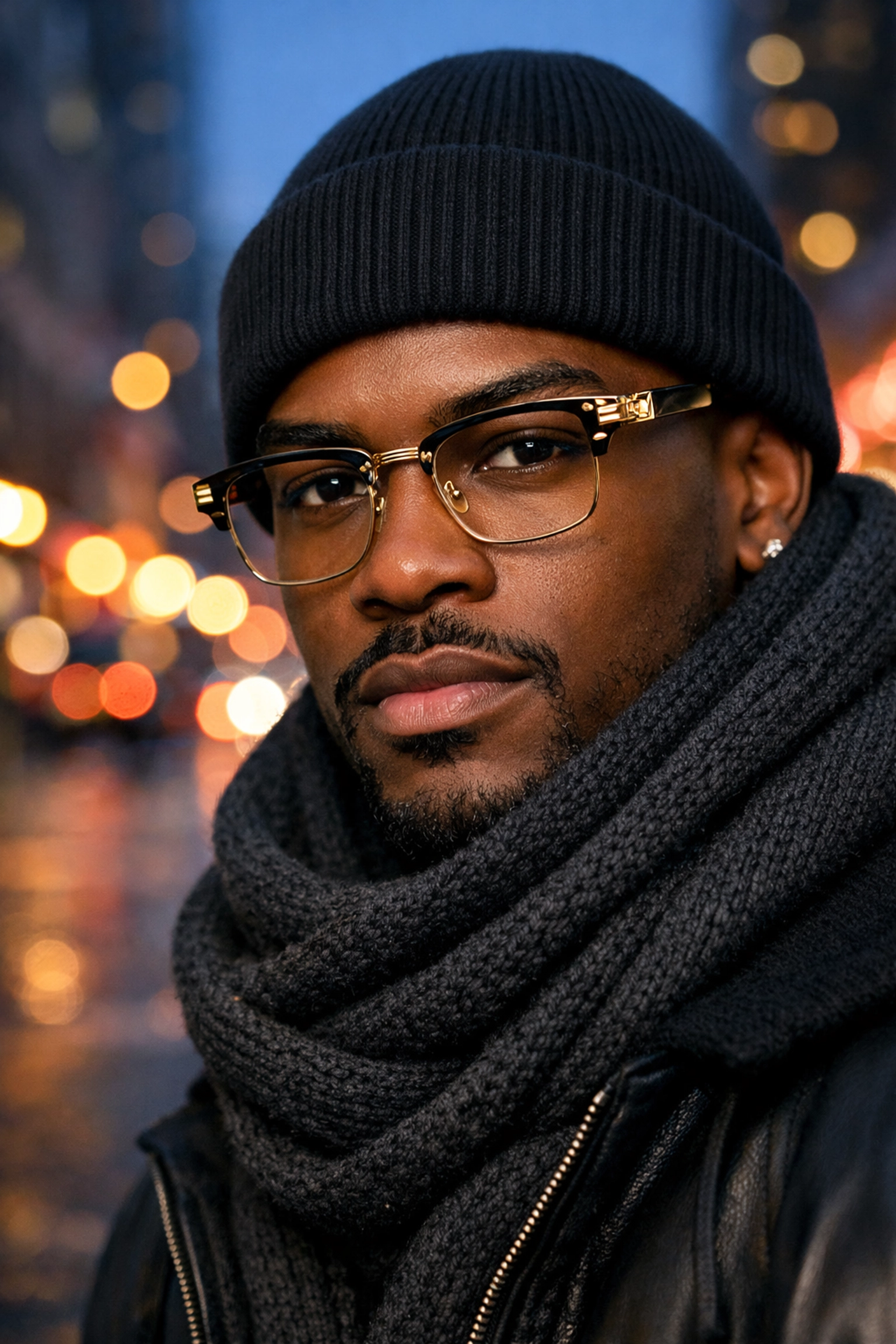 Close-up of a man wearing a high-quality beanie and scarf from the Buyblack winter collection.