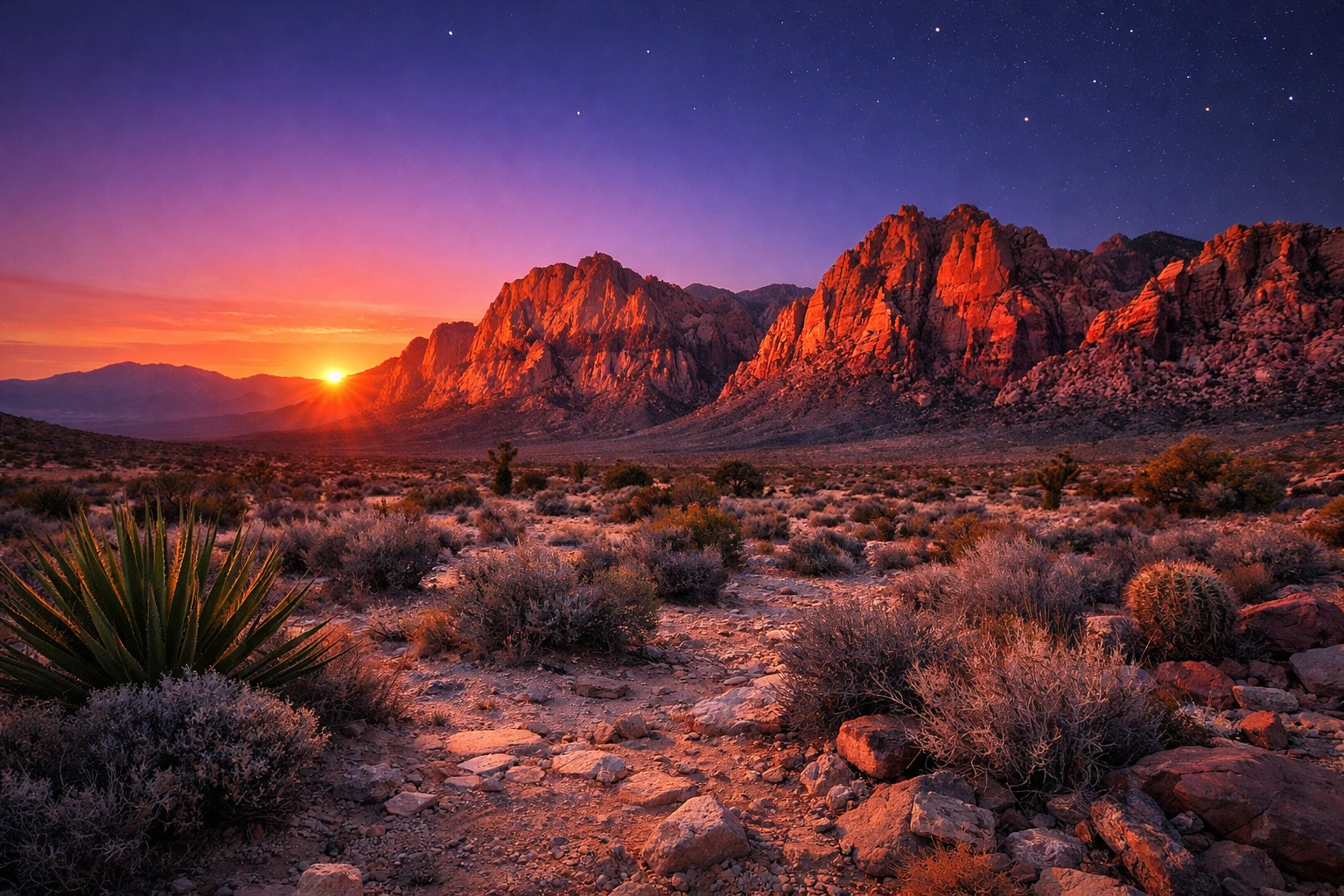 Scenic sunset at Red Rock Canyon illustrating the transition of daylight hours in the Nevada desert.