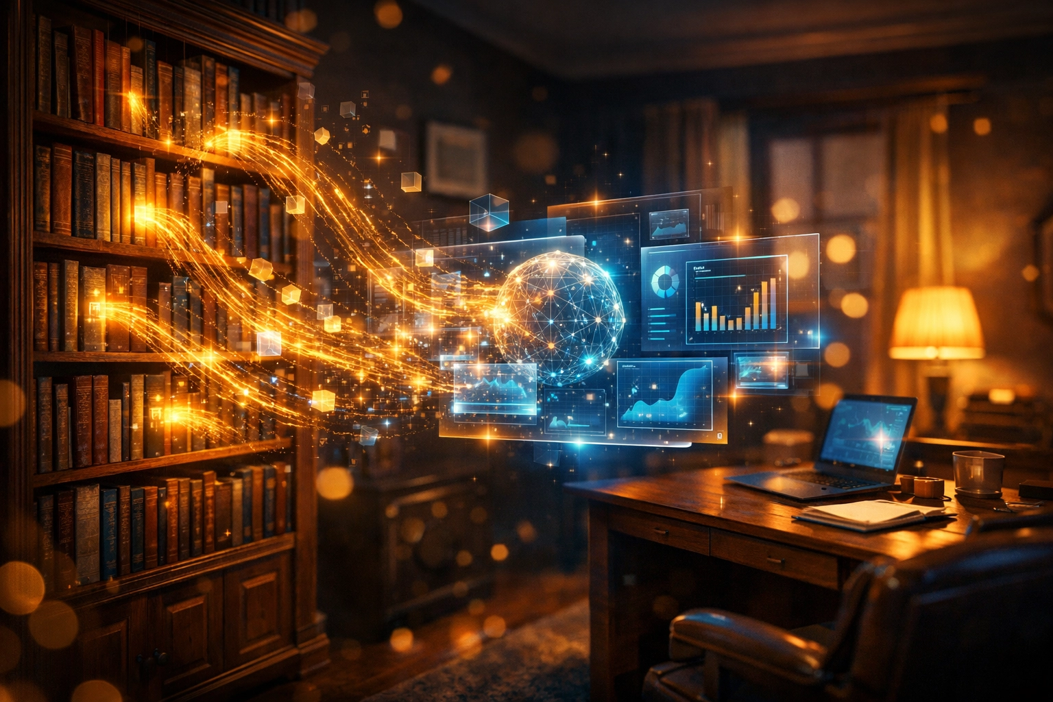 Digital data streams emerging from books representing AI sourcing information for small business SEO.