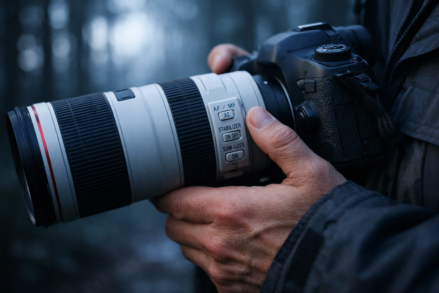 Photographer holding a camera in a dark forest, illustrating shutter speed challenges in manual mode.