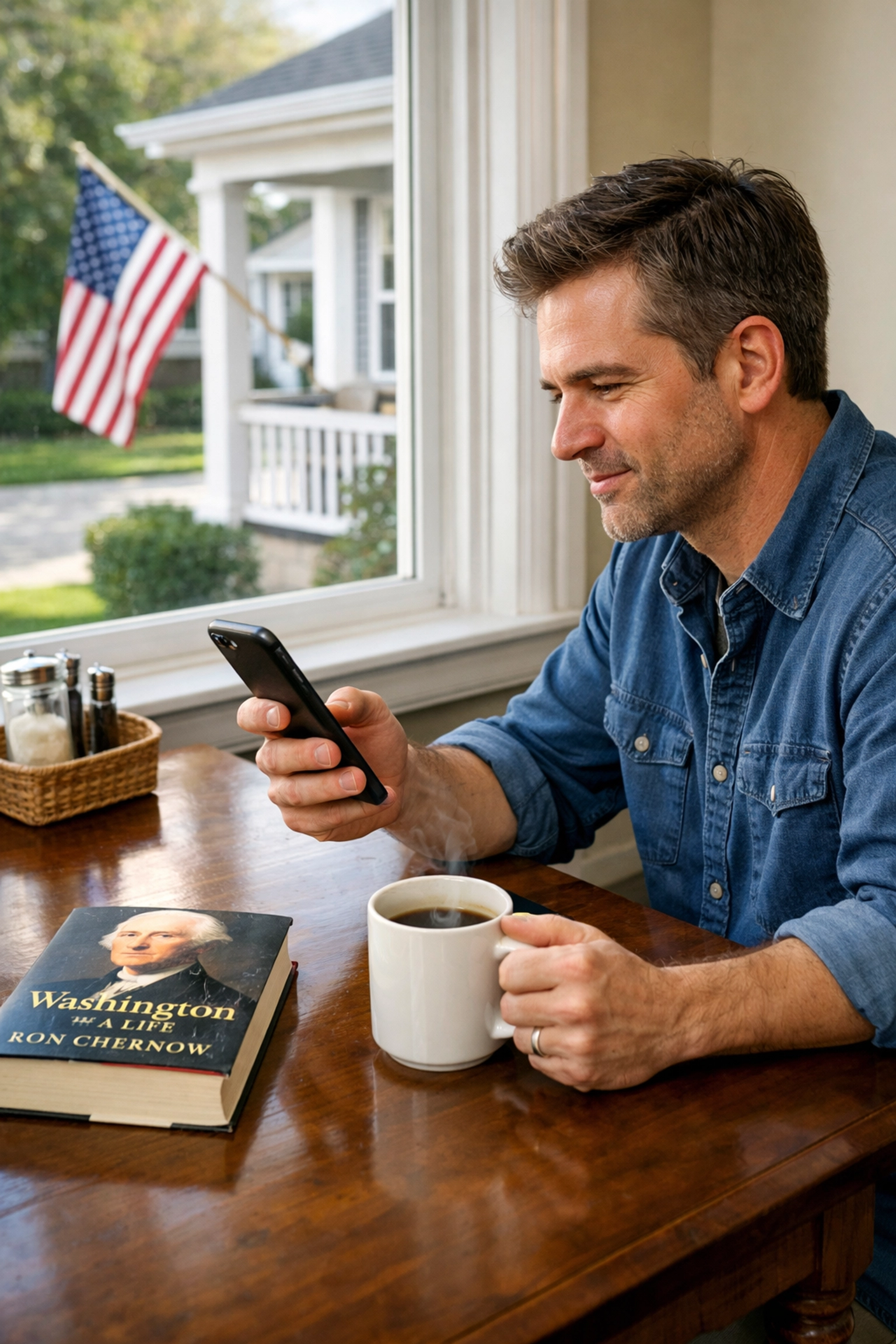 A man staying informed with patriotic updates from the daily press release on his smartphone.