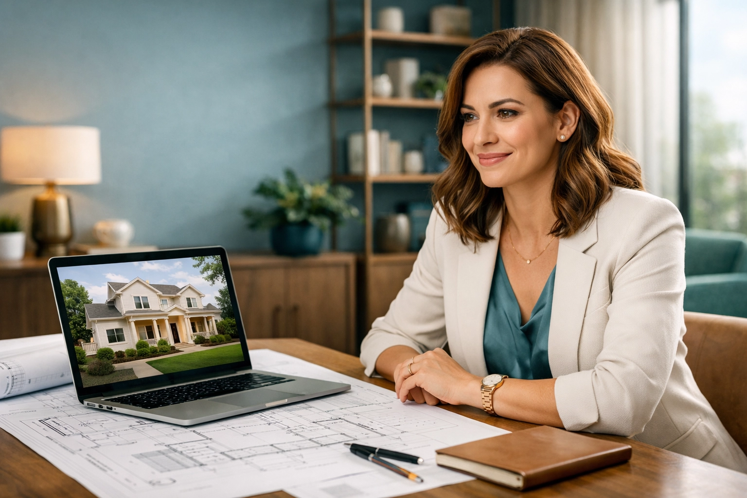 Featured Image: Confident woman investor reviewing listing comps on a laptop at a modern desk, subtle pink accent, representing Market Immunity and a real estate exit strategy.