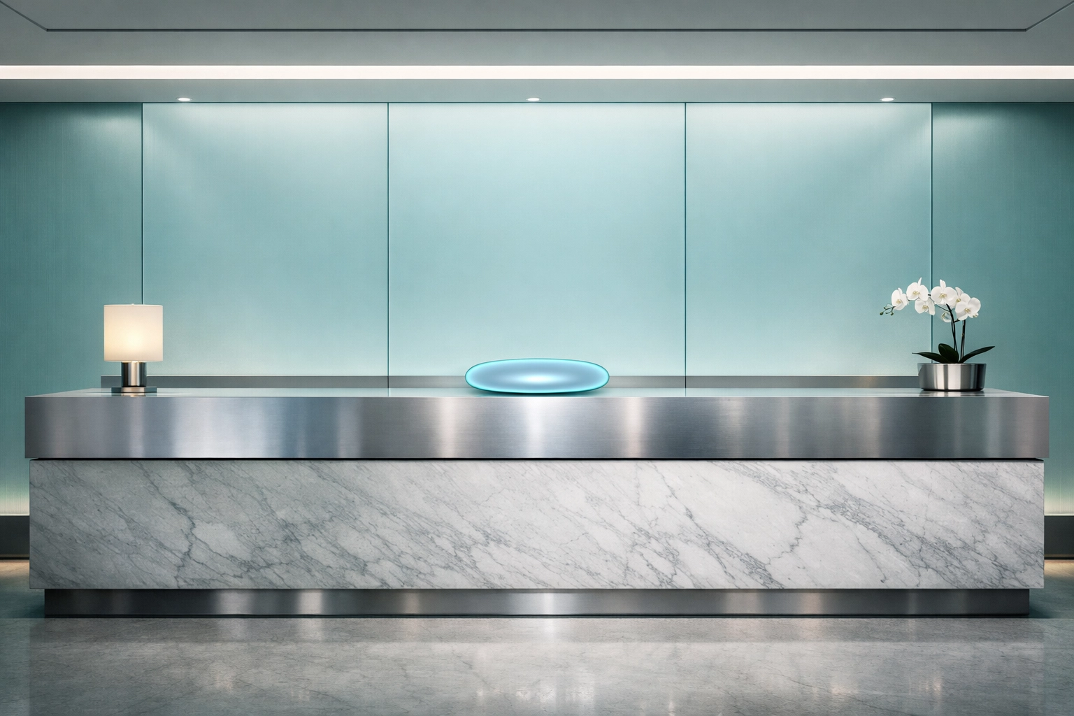 Modern hotel reception with an AI receptionist interface for automated lead generation and guest support.