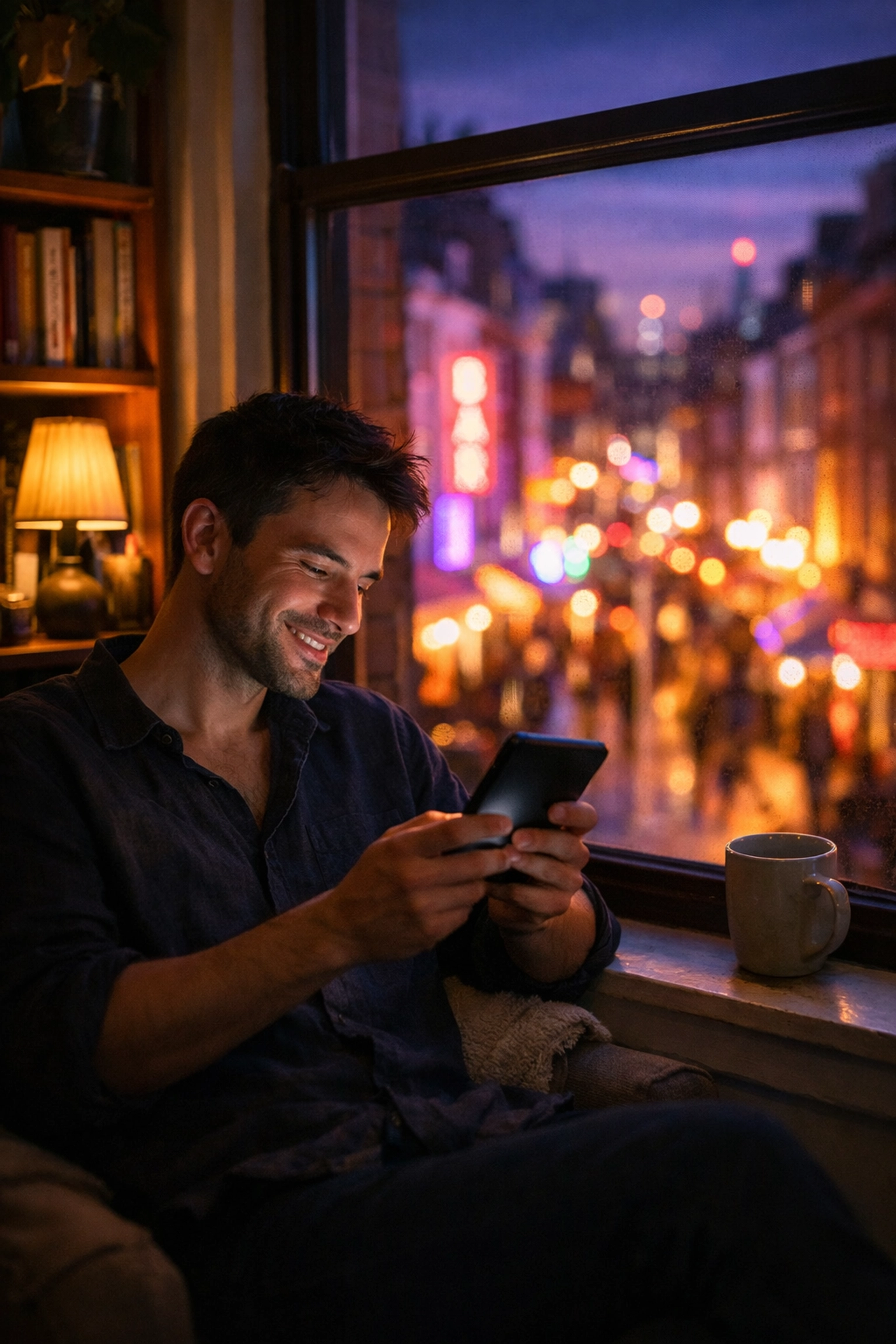 A man reading an MM romance ebook in an apartment overlooking the neon lights of Soho at dusk.
