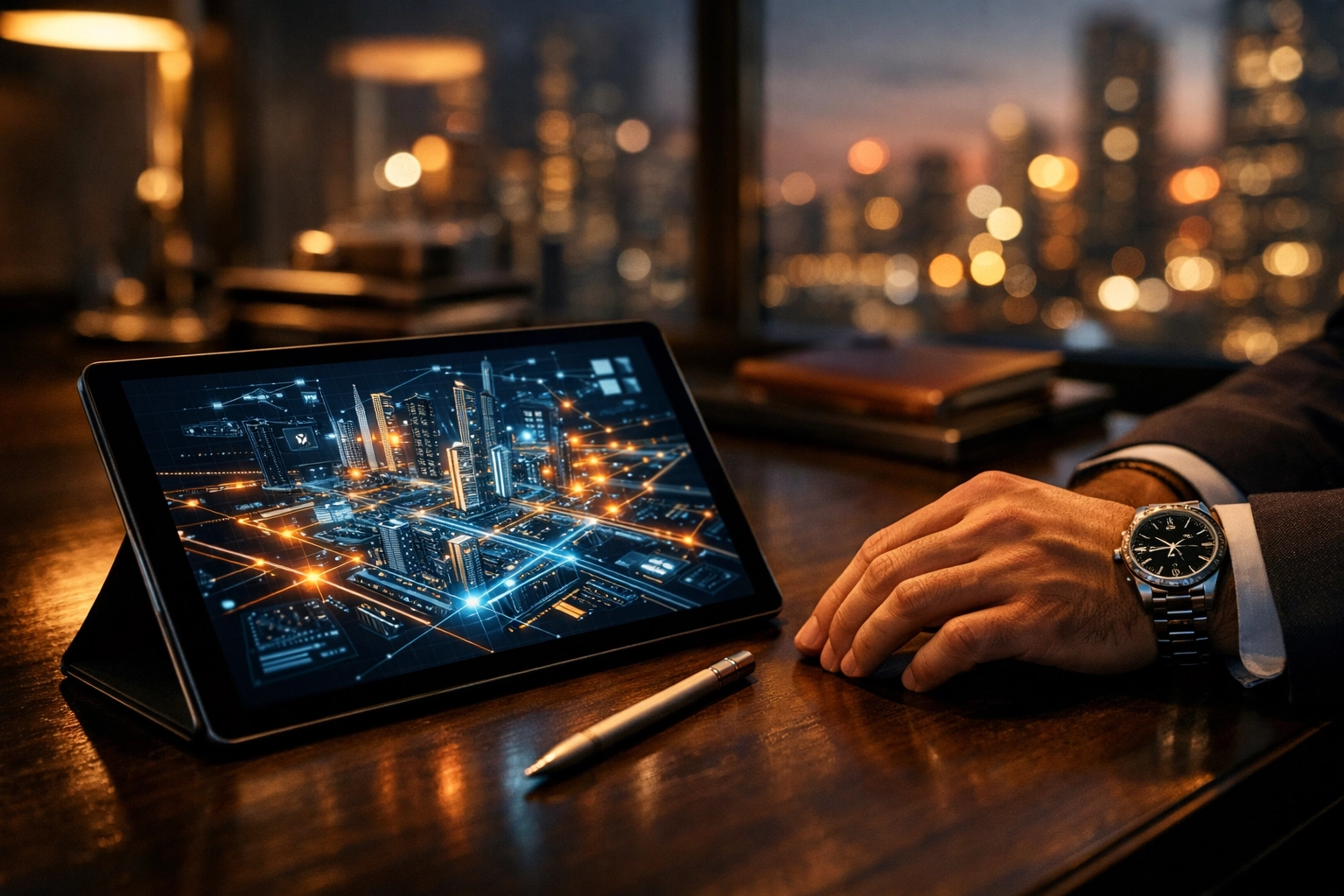 Modern executive desk with a digital blueprint, representing strategic identity reconstruction and performance upgrades.