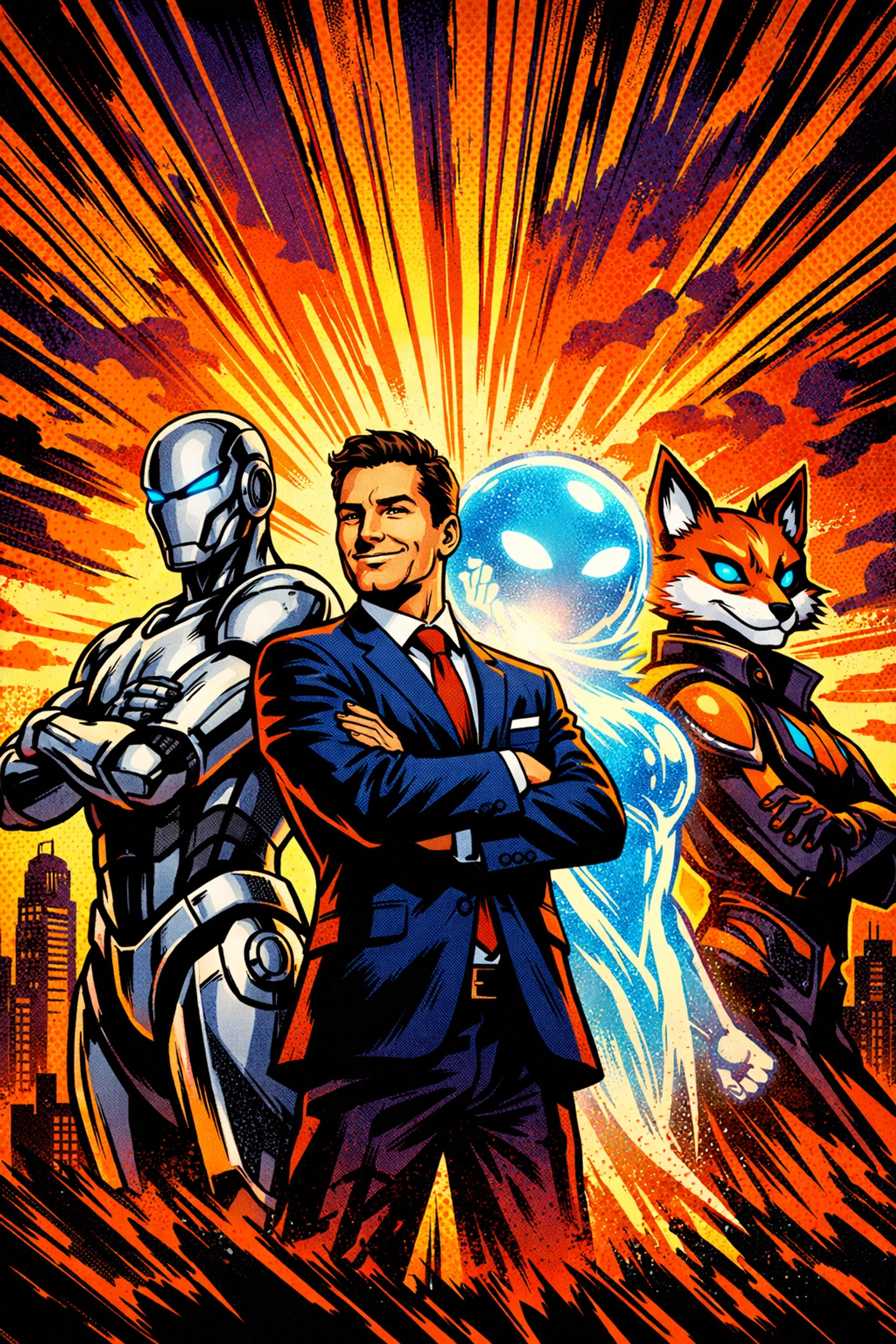 Entrepreneur with a superhero team of AI virtual assistants, showing the competitive edge of business automation.
