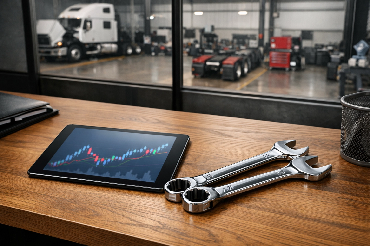 Financial P&L charts on a tablet next to wrenches with a diesel repair bay in the background.