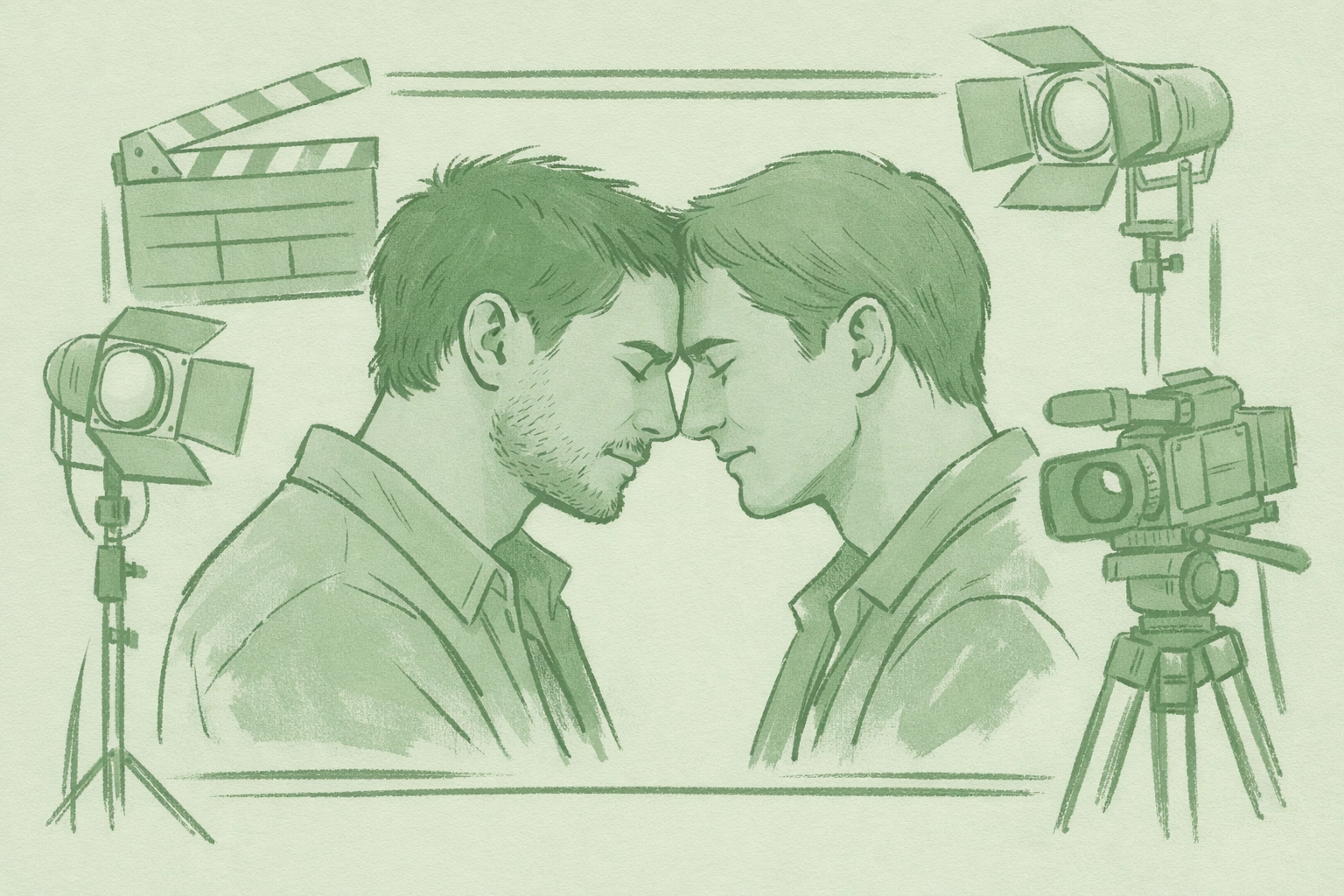 Director and actor in intimate moment surrounded by filmmaking equipment - MM romance