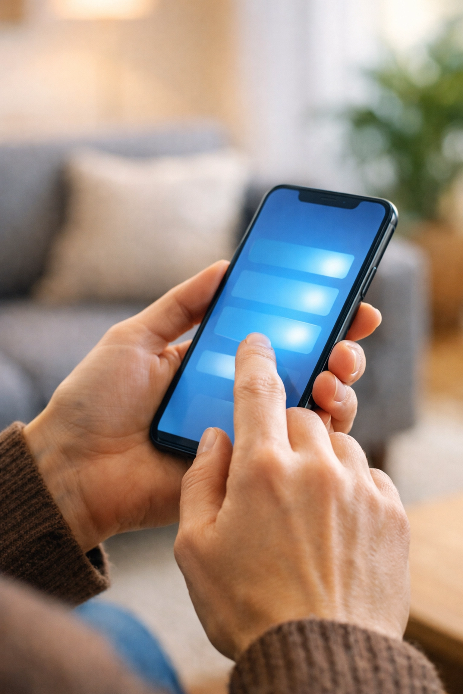 Using a smartphone to apply for a fast emergency loan canada from a comfortable living room.